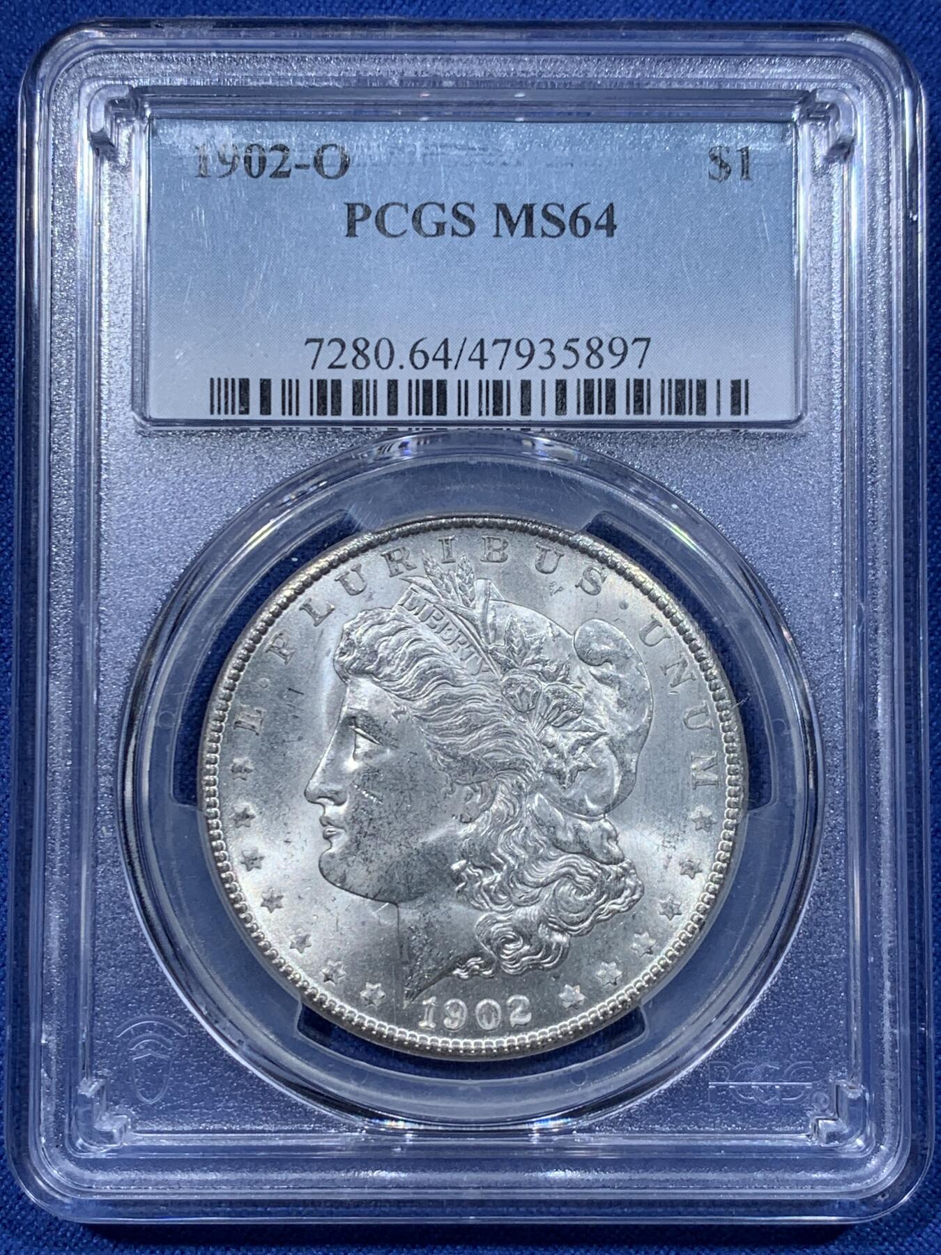 《竞宝斋》第362场 周日，周一，周二  3场连拍 （全场包邮） PCGS MS64 美国1902年O版摩根一元银币 底板丝滑 年份也不错