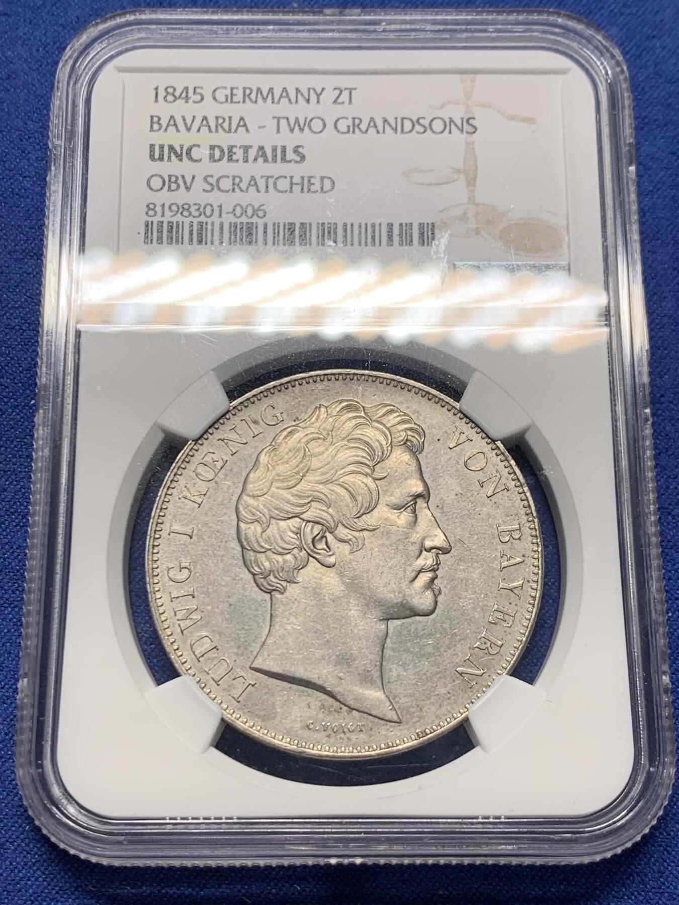 《竞宝斋》第362场 周日，周一，周二  3场连拍 （全场包邮） NGC UNC 德国 巴伐利亚 1845年 路德维希一世 皇孙纪念2泰勒大银币 非常热门的路德维希历史系2泰勒大银币 底板光度都够藏