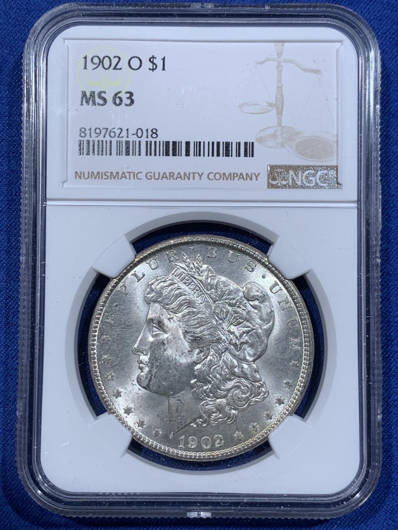 《竞宝斋》第362场 周日，周一，周二  3场连拍 （全场包邮） NGC MS63 美国1902年O版摩根银币，品相好，转光强烈