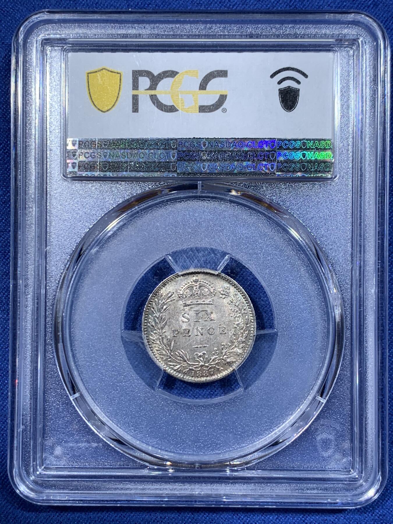 《竞宝斋》第362场 周日，周一，周二  3场连拍 （全场包邮） PCGS MS64 英国 1887年 维多利亚 6便士银币 面值版