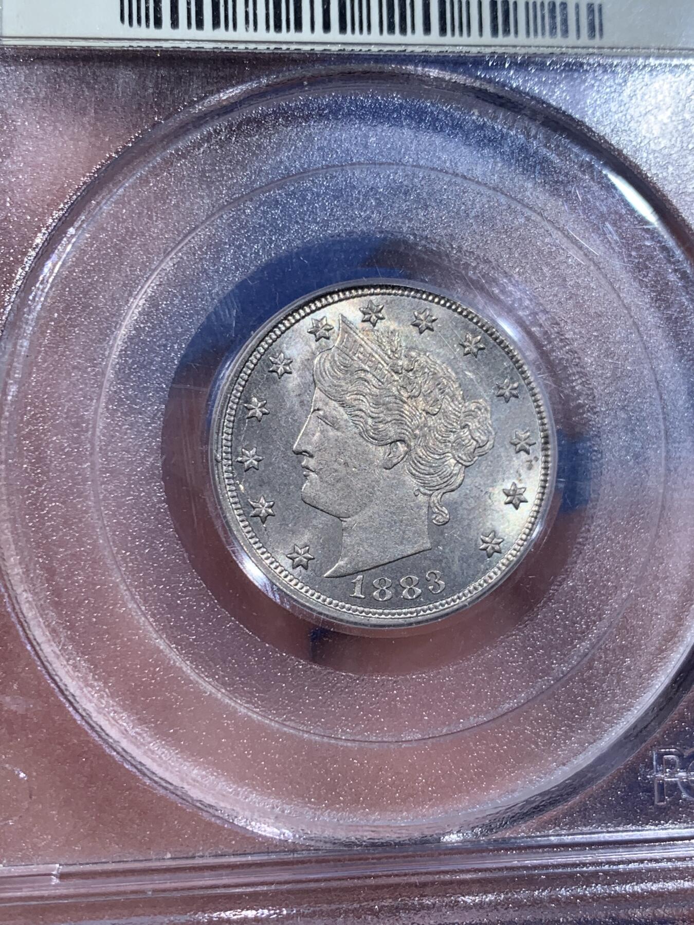 《竞宝斋》第362场 周日，周一，周二  3场连拍 （全场包邮） PCGS MS63 美国1883年5美分镍币 早期美评壳子 经典自由女神像 早期稀少无SENTS版 后期收回销毁众多 好品难寻