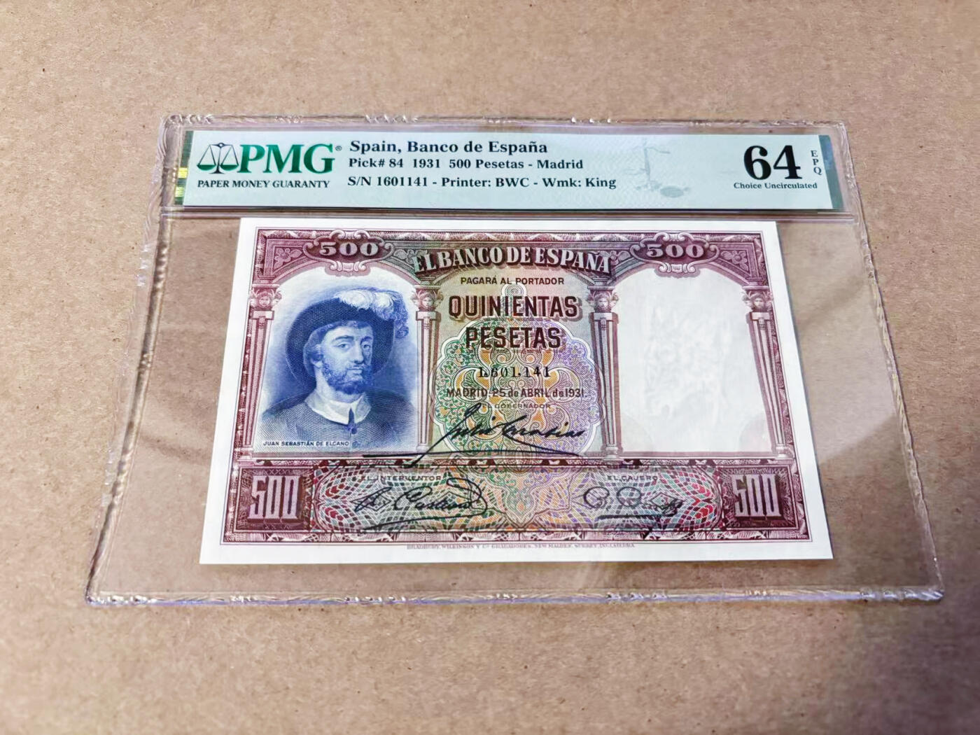 【Blue Auction】世界纸币精拍第634期【精】——16级TOP拍卖/信誉/品质/专业/高效💫 西班牙 1931年500比塞塔 BWC出品 雕刻精美 海盗 PMG64EPQ 全新原票 