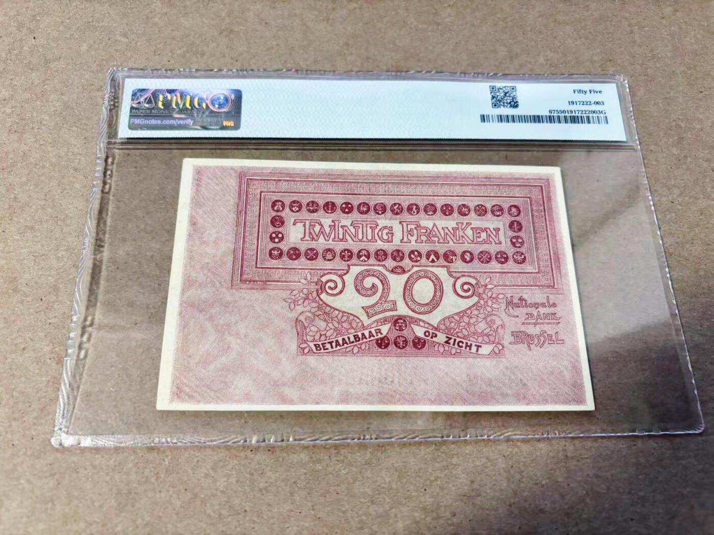 【Blue Auction】世界纸币精拍第634期【精】——16级TOP拍卖/信誉/品质/专业/高效💫 【无47】比利时 早期 1910-20年20法郎 PMG55 