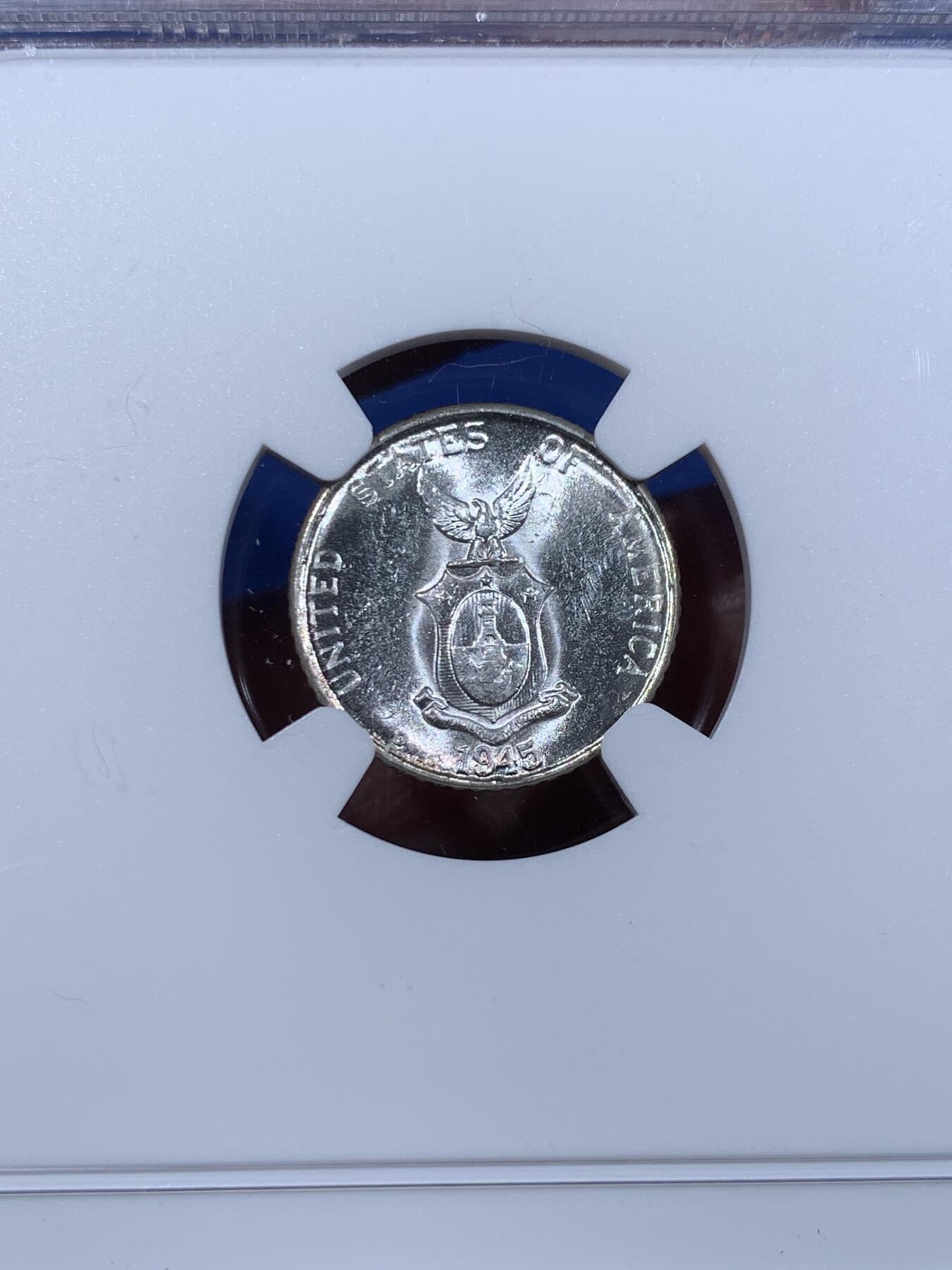《竞宝斋》第362场 周日，周一，周二  3场连拍 （全场包邮） NGC MS61 美属菲律宾 1945年 10分银币