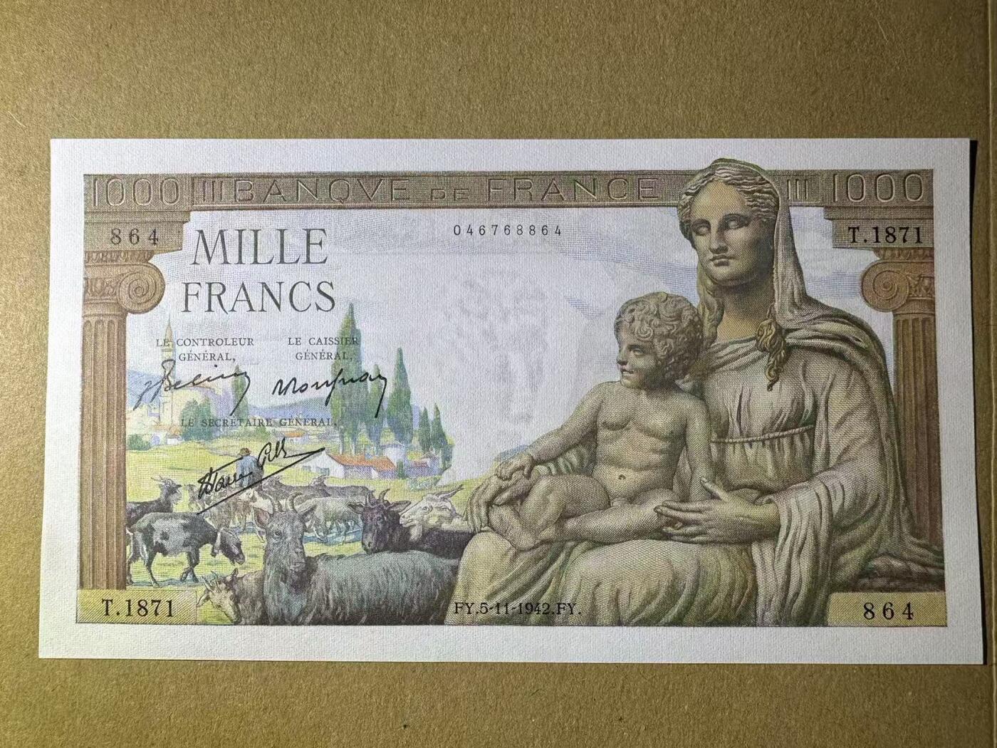 【Blue Auction】世界纸币精拍第634期【精】——16级TOP拍卖/信誉/品质/专业/高效💫 法国 1942年1000法郎 圣母 墨丘利 大票幅 全新UNC