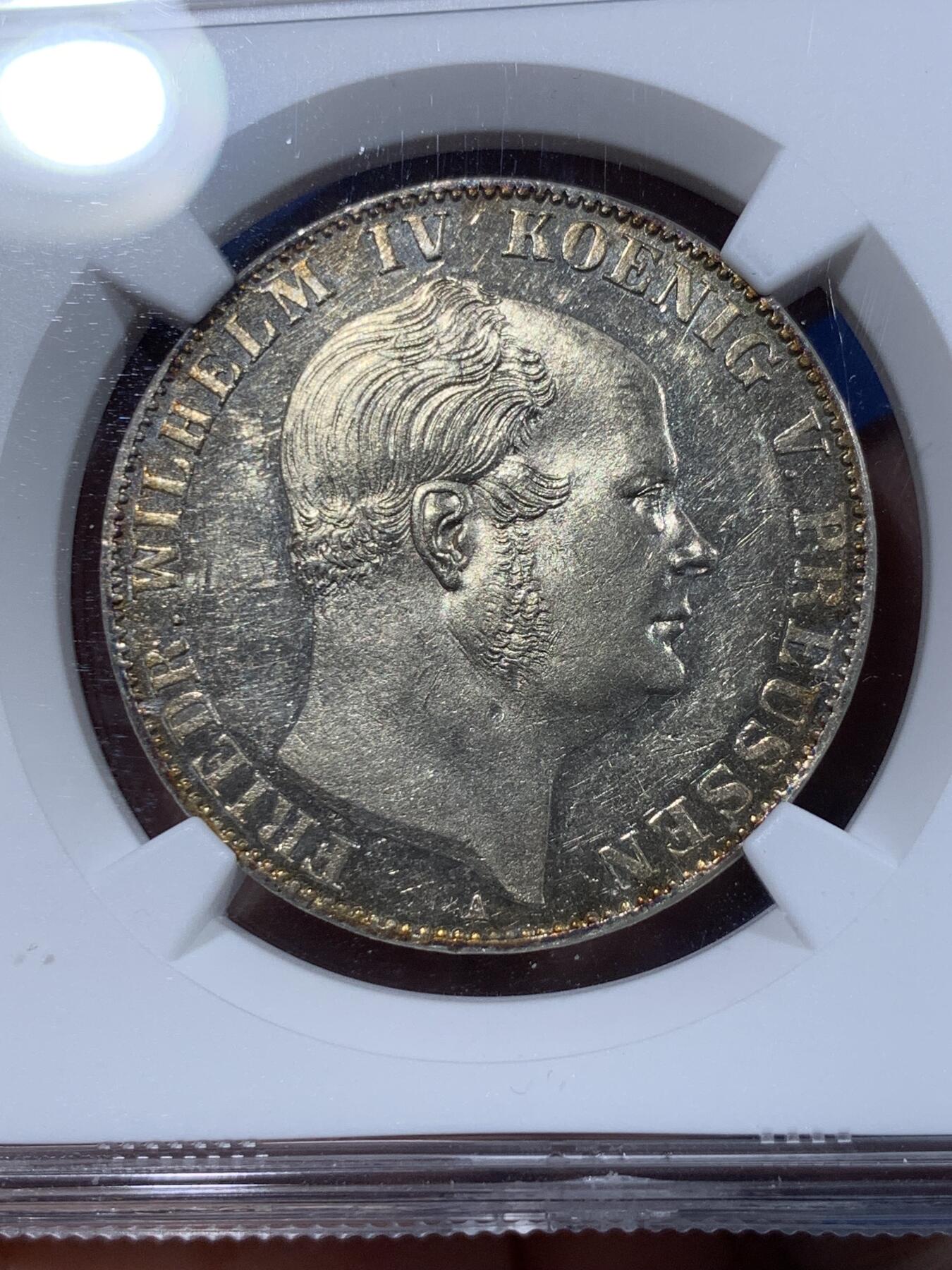 《竞宝斋》第362场 周日，周一，周二  3场连拍 （全场包邮） NGC MS61 德国普鲁士1859年威廉四世离冠鹰流通泰勒，打制锋利原味黄油包浆好品相。