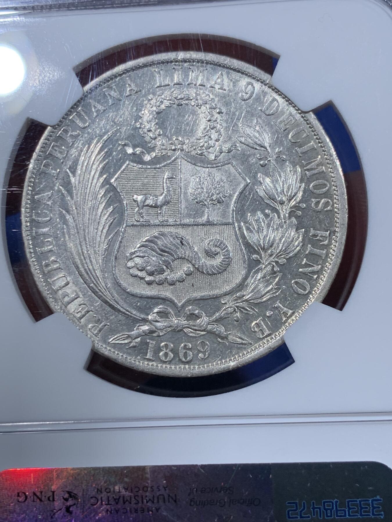 《竞宝斋》第362场 周日，周一，周二  3场连拍 （全场包邮） NGC AU58 秘鲁1869年早期高银版1索尔大银币 早期年份好品少见，光度和细节都很好