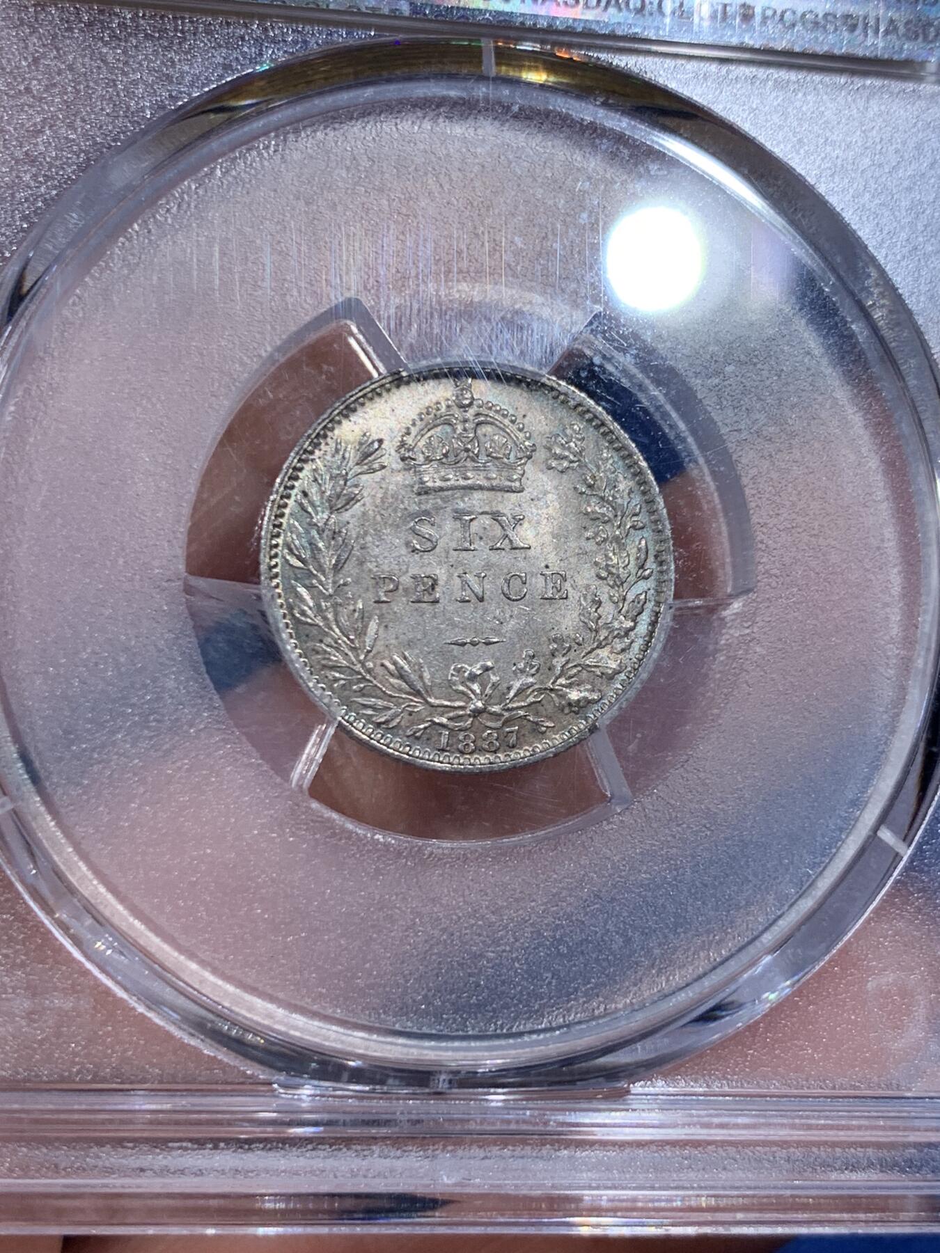 《竞宝斋》第362场 周日，周一，周二  3场连拍 （全场包邮） PCGS MS64 英国 1887年 维多利亚 6便士银币 面值版