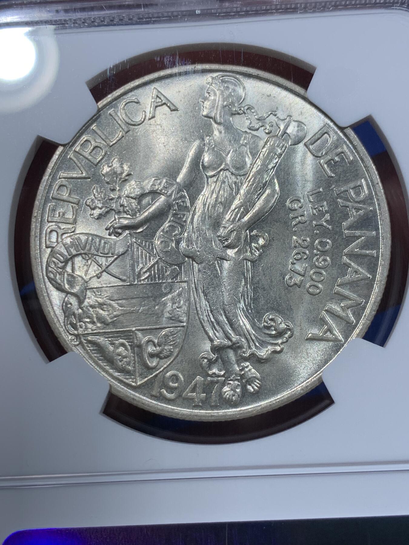 《竞宝斋》第362场 周日，周一，周二  3场连拍 （全场包邮） NGC MS65 巴拿马1947年美女与牛仔1巴波亚银币，女神系大主币，好状态，好分数