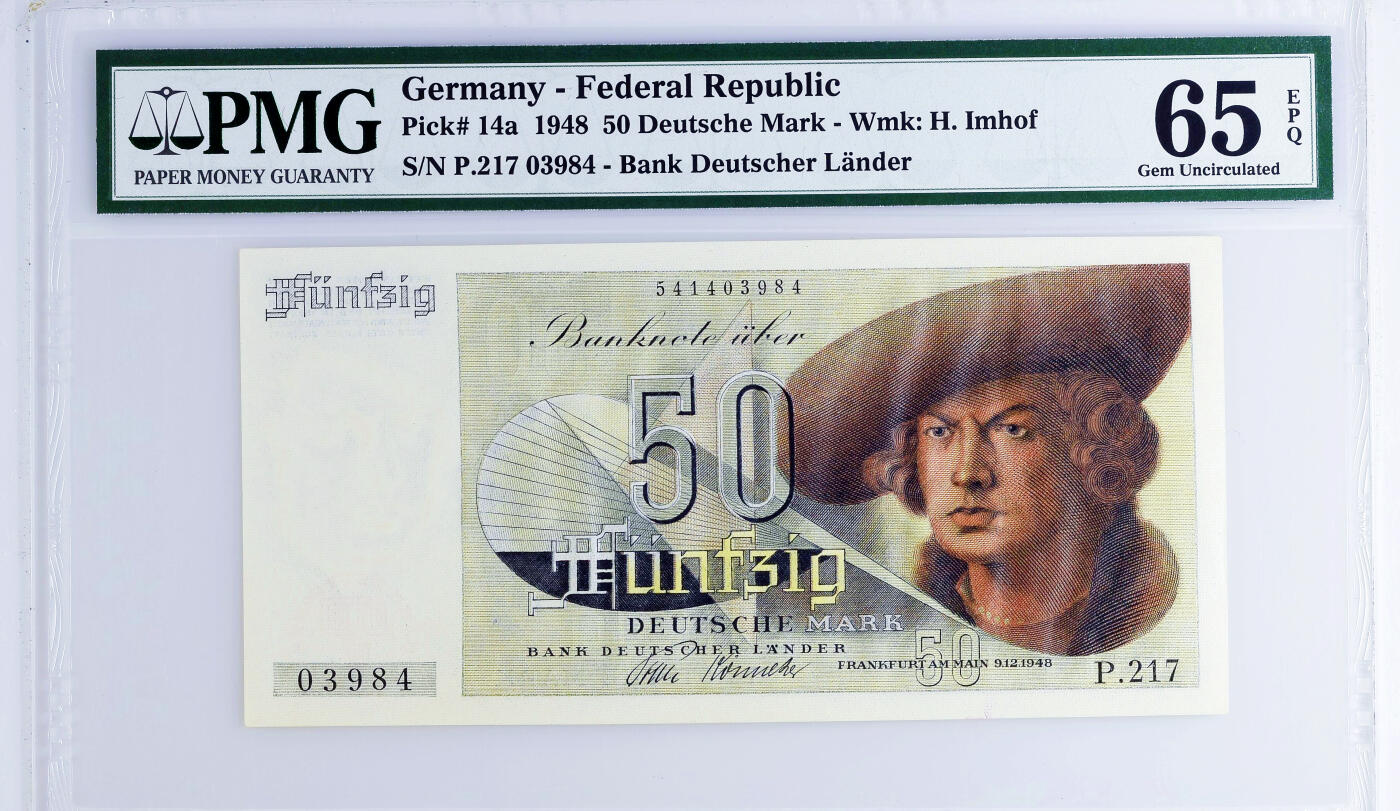 【Blue Auction】世界纸币精拍第634期【精】——16级TOP拍卖/信誉/品质/专业/高效💫 德国 1948年50马克 法属风少见品种 PMG65EPQ 绝品老壳 丢勒名画