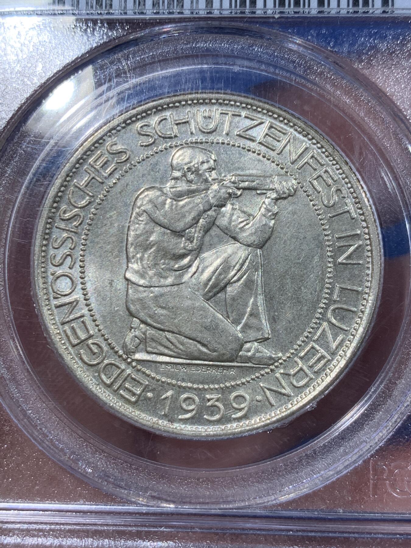 《竞宝斋》第362场 周日，周一，周二  3场连拍 （全场包邮） PCGS MS64 瑞士 1939年 卢塞恩射击节 5法郎银币