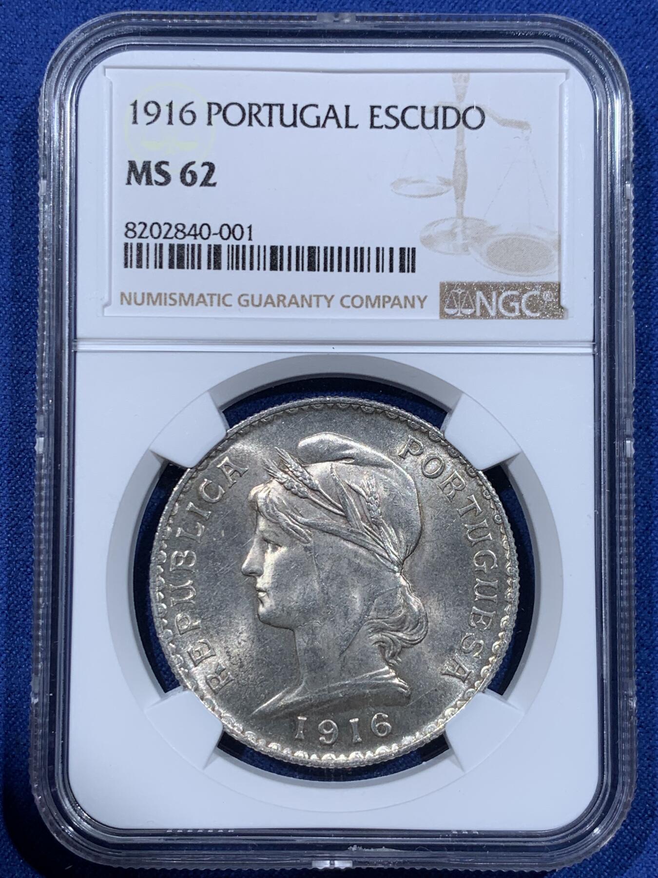 《竞宝斋》第362场 周日，周一，周二  3场连拍 （全场包邮） NGC MS62 葡萄牙1916年谷物女神1埃斯库多大银币   低评，黄油车轮光，观感极佳