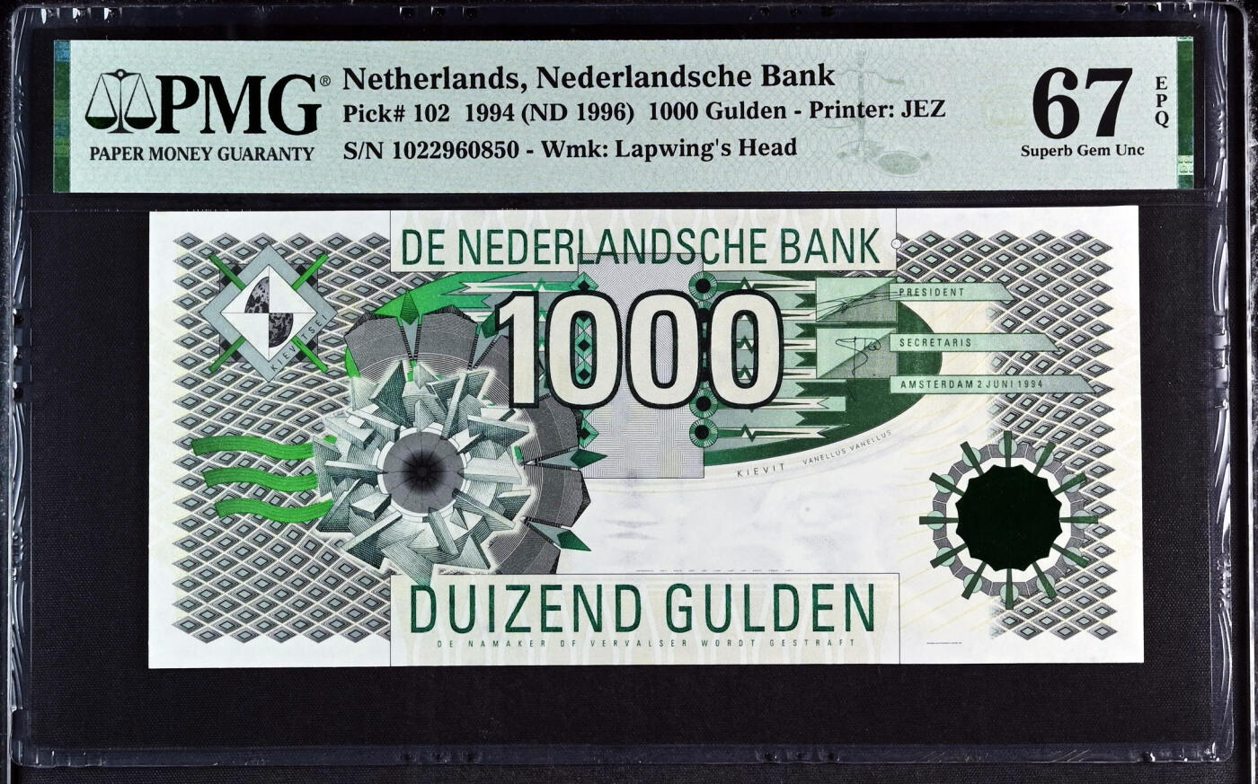 【Blue Auction】世界纸币精拍第634期【精】——16级TOP拍卖/信誉/品质/专业/高效💫    【无47少见 亚军分】荷兰 1994年1000盾 大齿轮 PMG67EPQ 高分  