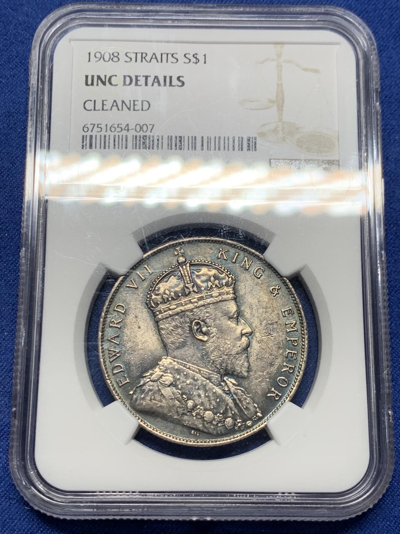 《竞宝斋》第362场 周日，周一，周二  3场连拍 （全场包邮） NGC UNCD 1908年英属海峡殖民地一圆 海峡小样，XF/AU常见，UNC少见很多，黑包浆，状态佳