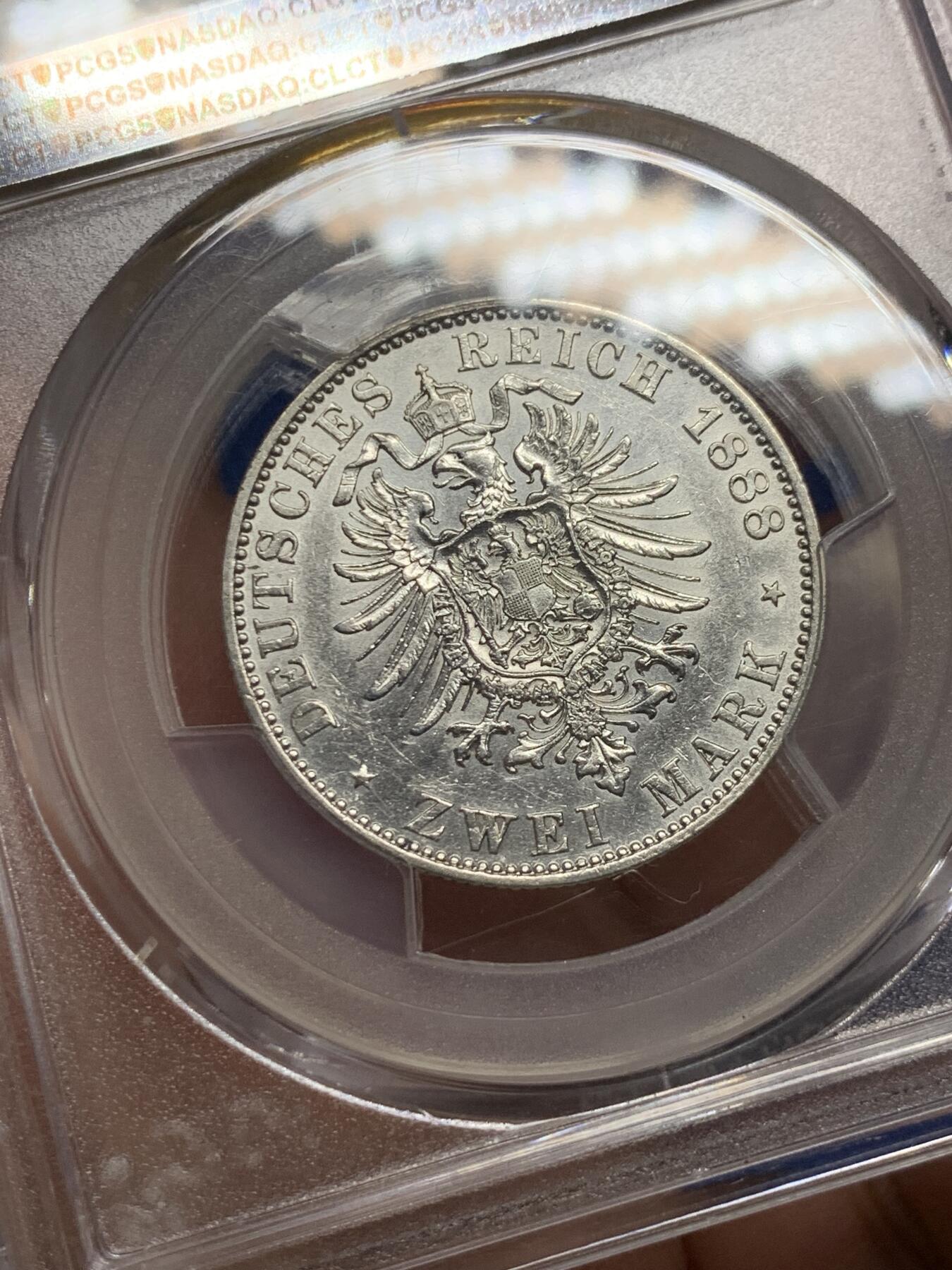 《竞宝斋》第362场 周日，周一，周二  3场连拍 （全场包邮） PCGS AUD 德国1888年普鲁士腓特烈三世2马克银币 短翅鹰