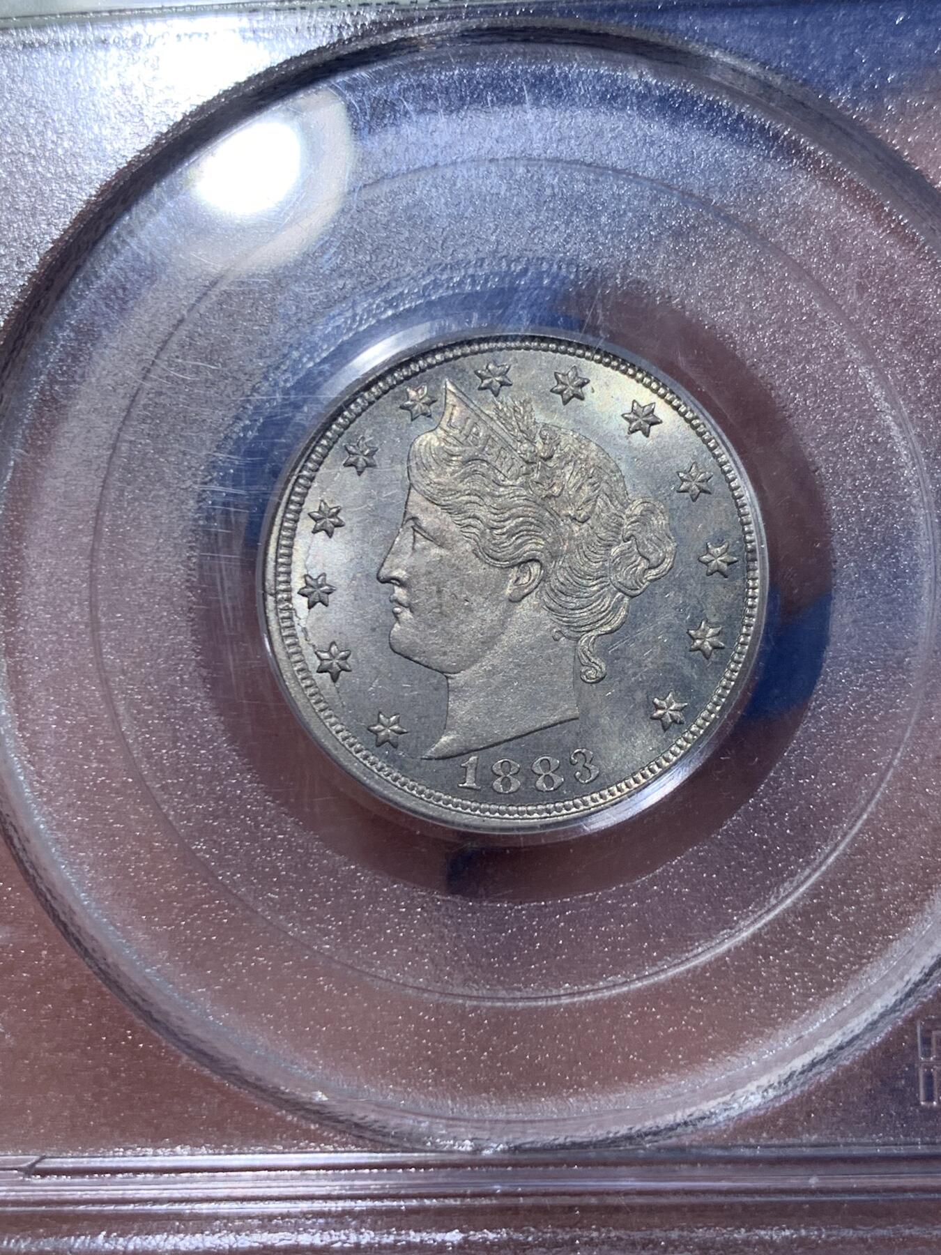 《竞宝斋》第362场 周日，周一，周二  3场连拍 （全场包邮） PCGS MS63 美国1883年5美分镍币 早期美评壳子 经典自由女神像 早期稀少无SENTS版 后期收回销毁众多 好品难寻