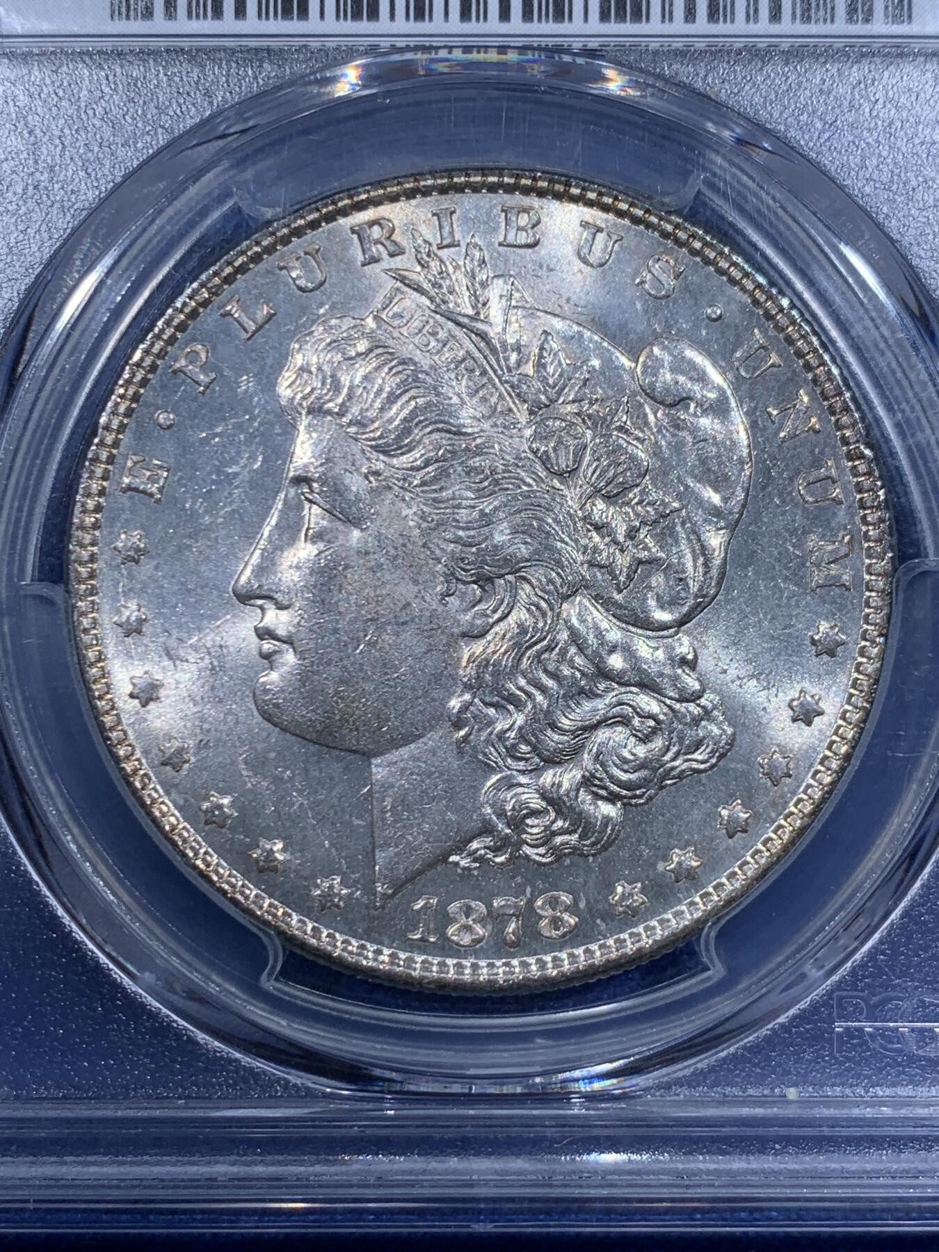 《竞宝斋》第362场 周日，周一，周二  3场连拍 （全场包邮） PCGS MS62 美国1878年8tf摩根八羽 名誉品