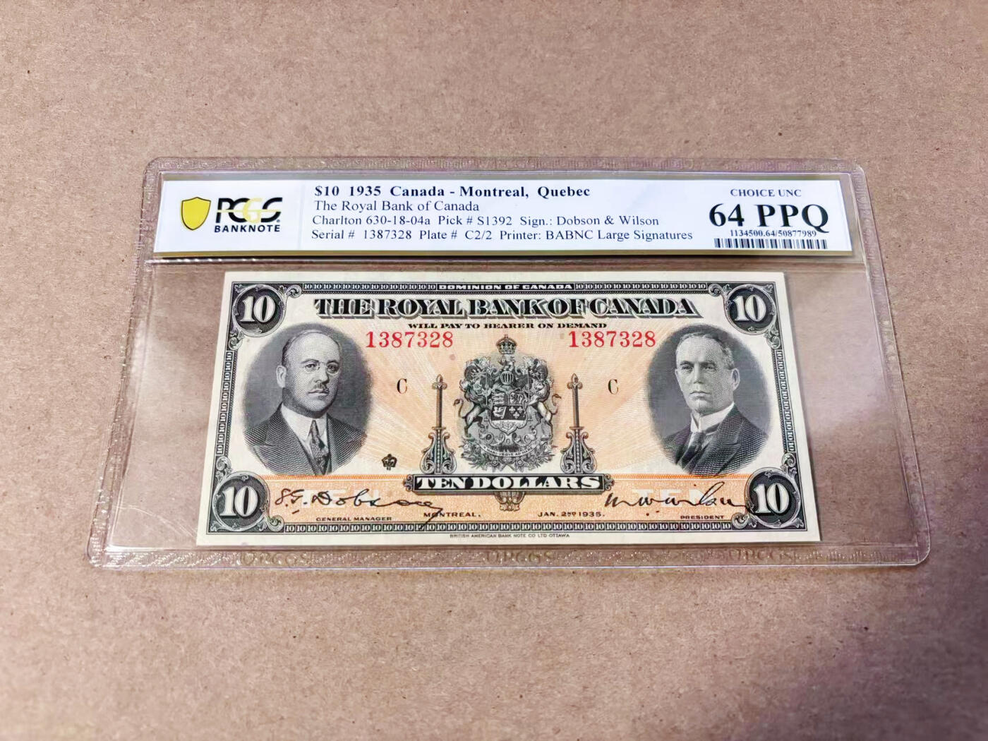 【Blue Auction】世界纸币精拍第634期【精】——16级TOP拍卖/信誉/品质/专业/高效💫  加拿大 皇家银行 1935年10元 盾徽出彩 人像雕刻放大细节满满 PCGS64EPQ 全新原票 彩色防伪点技术 该品相少见 （18年一张上边缘极窄的64分拍了480美金）