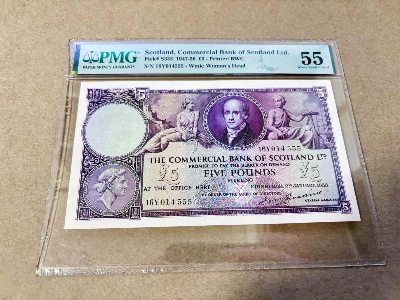 【Blue Auction】世界纸币精拍第634期【精】——16级TOP拍卖/信誉/品质/专业/高效💫 【555豹子号】苏格兰 1953年5镑 大票幅 雕刻精美 背面大场景 PMG55