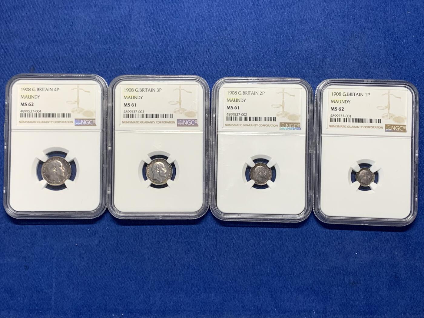 《竞宝斋》第362场 周日，周一，周二  3场连拍 （全场包邮） 四枚一组 NGC MS61-62 英国1908年爱德华七世濯足节银币