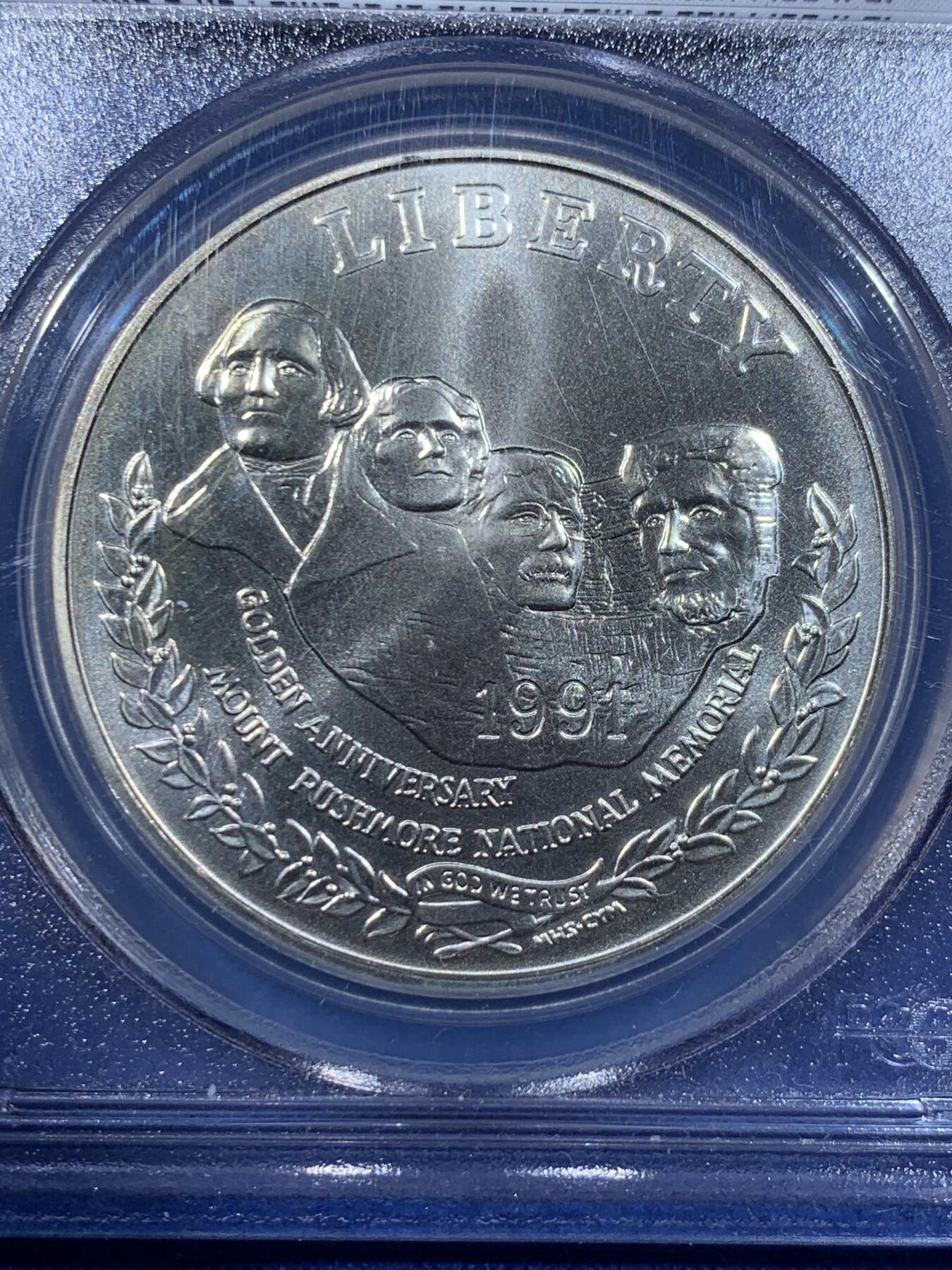《竞宝斋》第362场 周日，周一，周二  3场连拍 （全场包邮） PCGS MS69 美国1991年总统山1美元纪念银币，币面清爽干净又漂亮，状态极佳。
