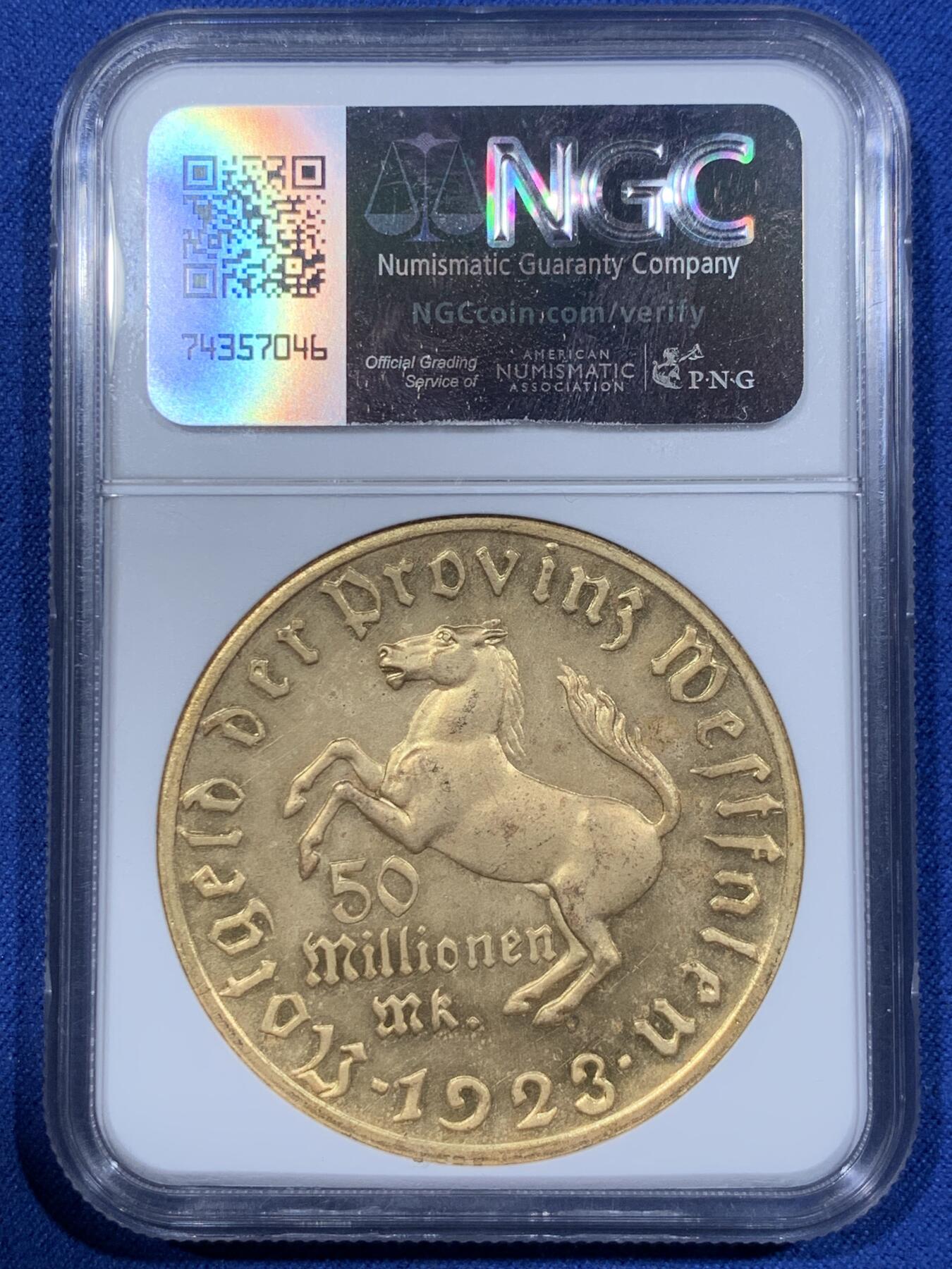 《竞宝斋》第362场 周日，周一，周二  3场连拍 （全场包邮） NGC MS63 德国紧急时期1923年威斯特法伦50MM马克铜鎏金马币