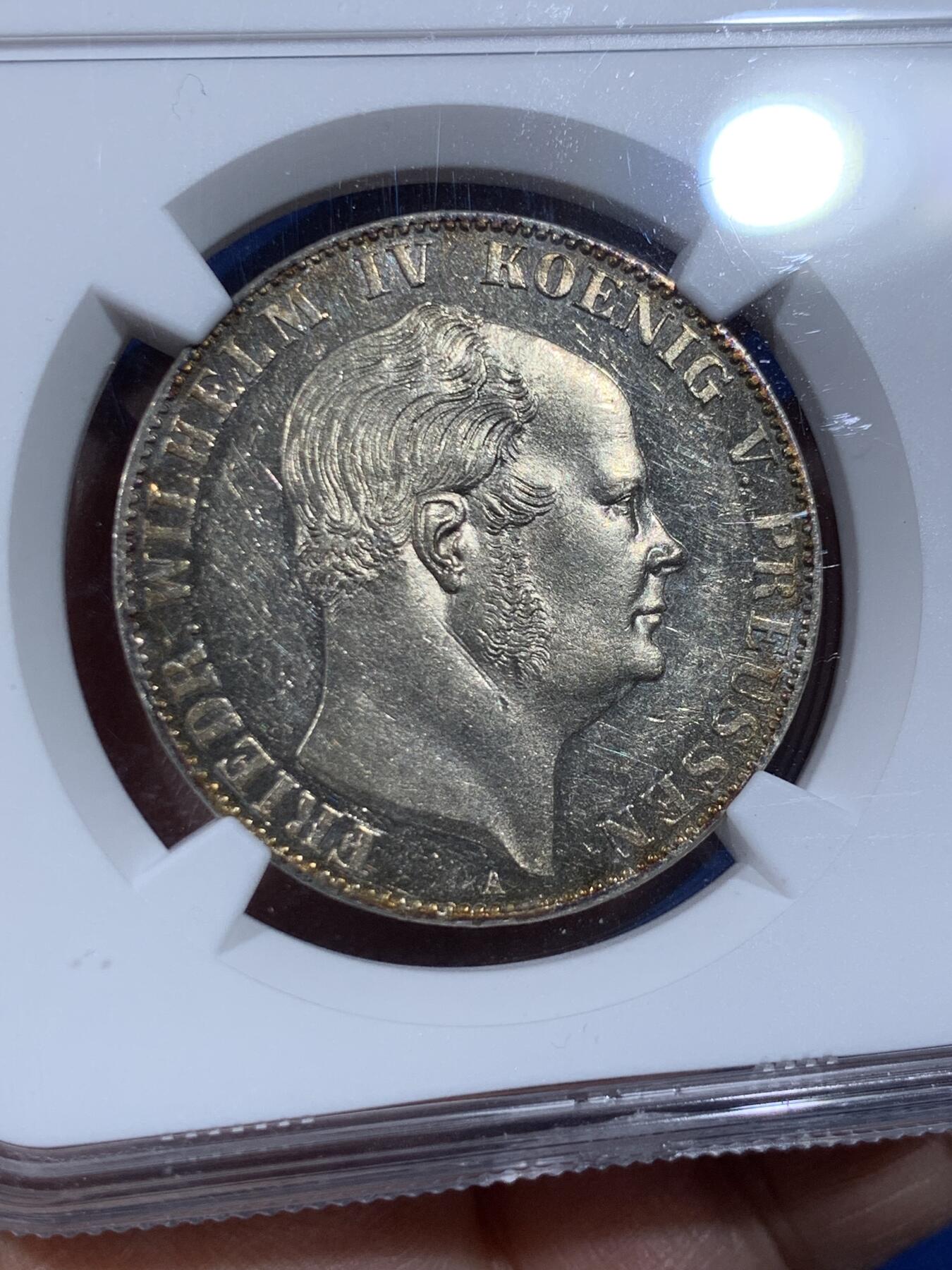 《竞宝斋》第362场 周日，周一，周二  3场连拍 （全场包邮） NGC MS61 德国普鲁士1859年威廉四世离冠鹰流通泰勒，打制锋利原味黄油包浆好品相。