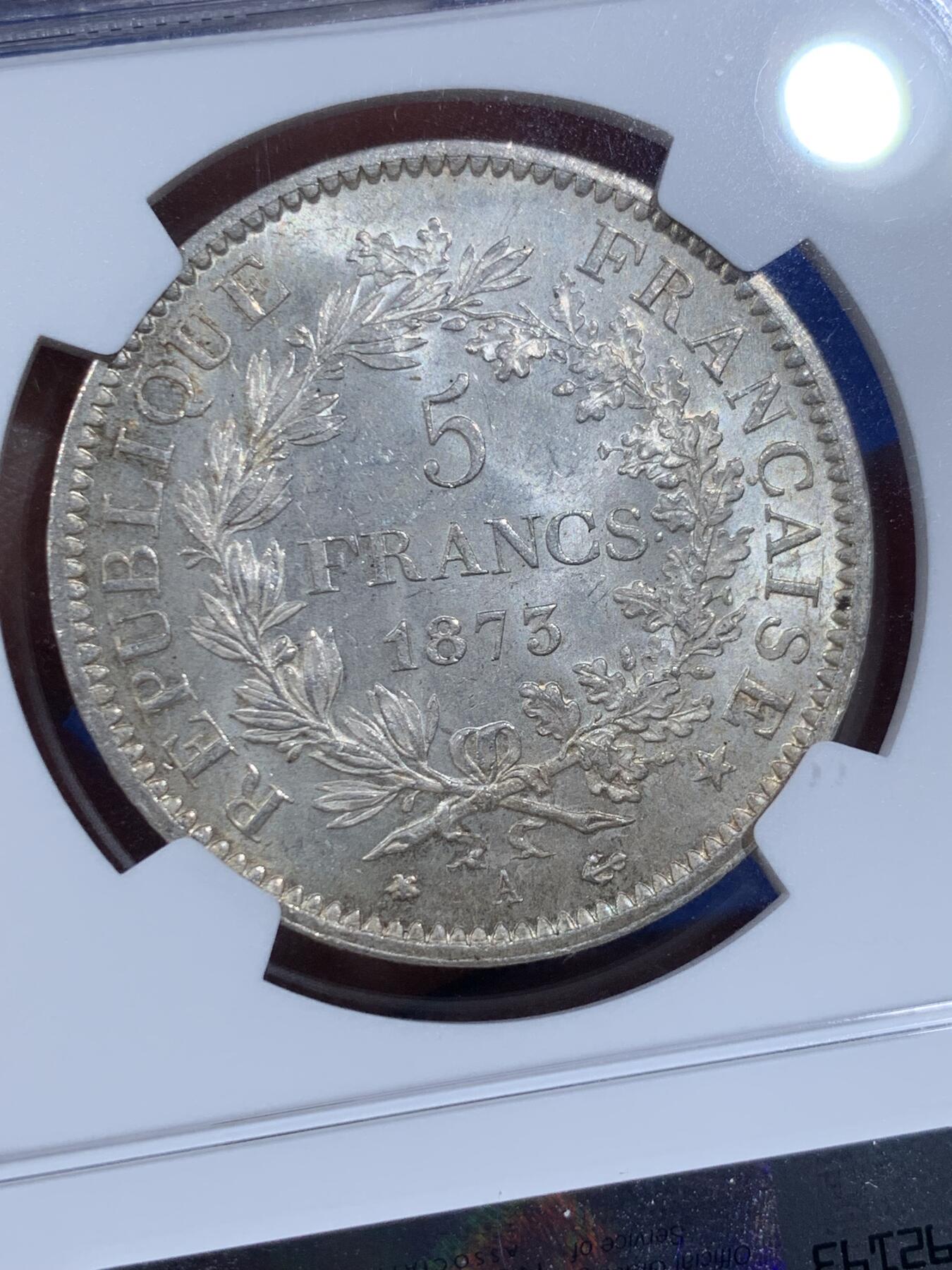 《竞宝斋》第362场 周日，周一，周二  3场连拍 （全场包邮） NGC MS63 法国1873A大力神5法郎银币 淡黄油包浆