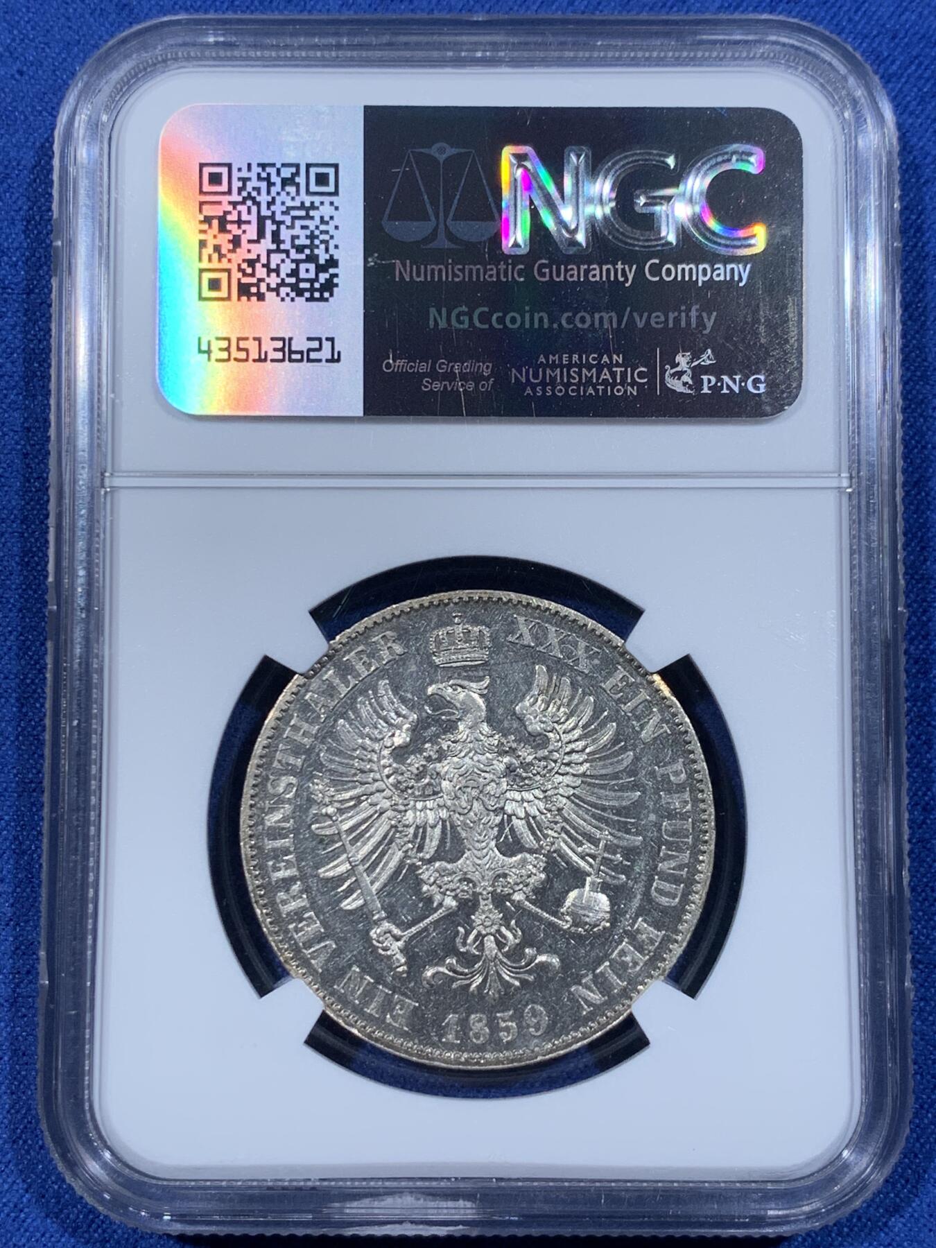 《竞宝斋》第362场 周日，周一，周二  3场连拍 （全场包邮） NGC MS61 德国普鲁士1859年威廉四世离冠鹰流通泰勒，打制锋利原味黄油包浆好品相。
