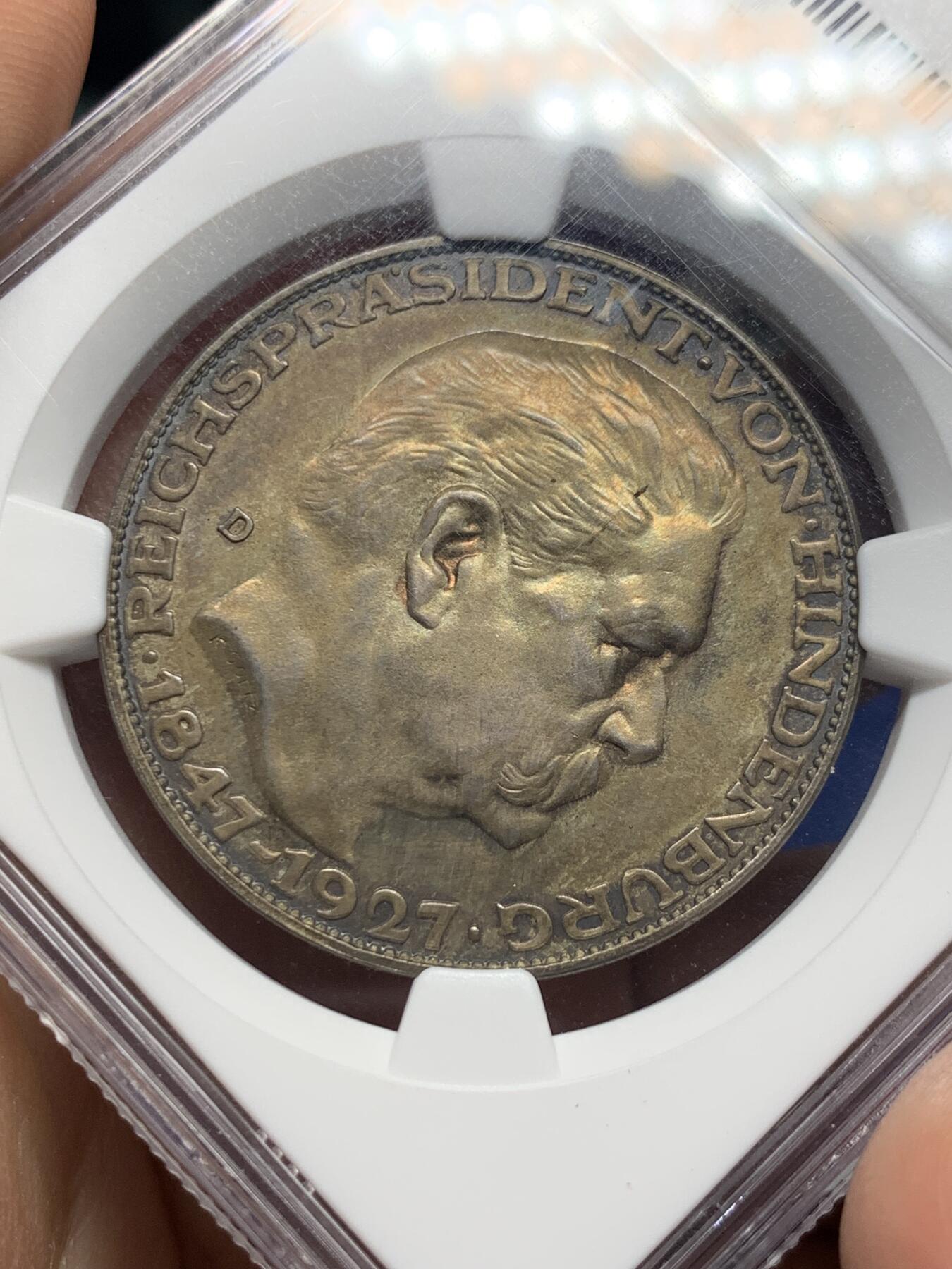 《竞宝斋》第362场 周日，周一，周二  3场连拍 （全场包邮） NGC MS64 德国 1927年 兴登堡80大寿纪念5马克币型章