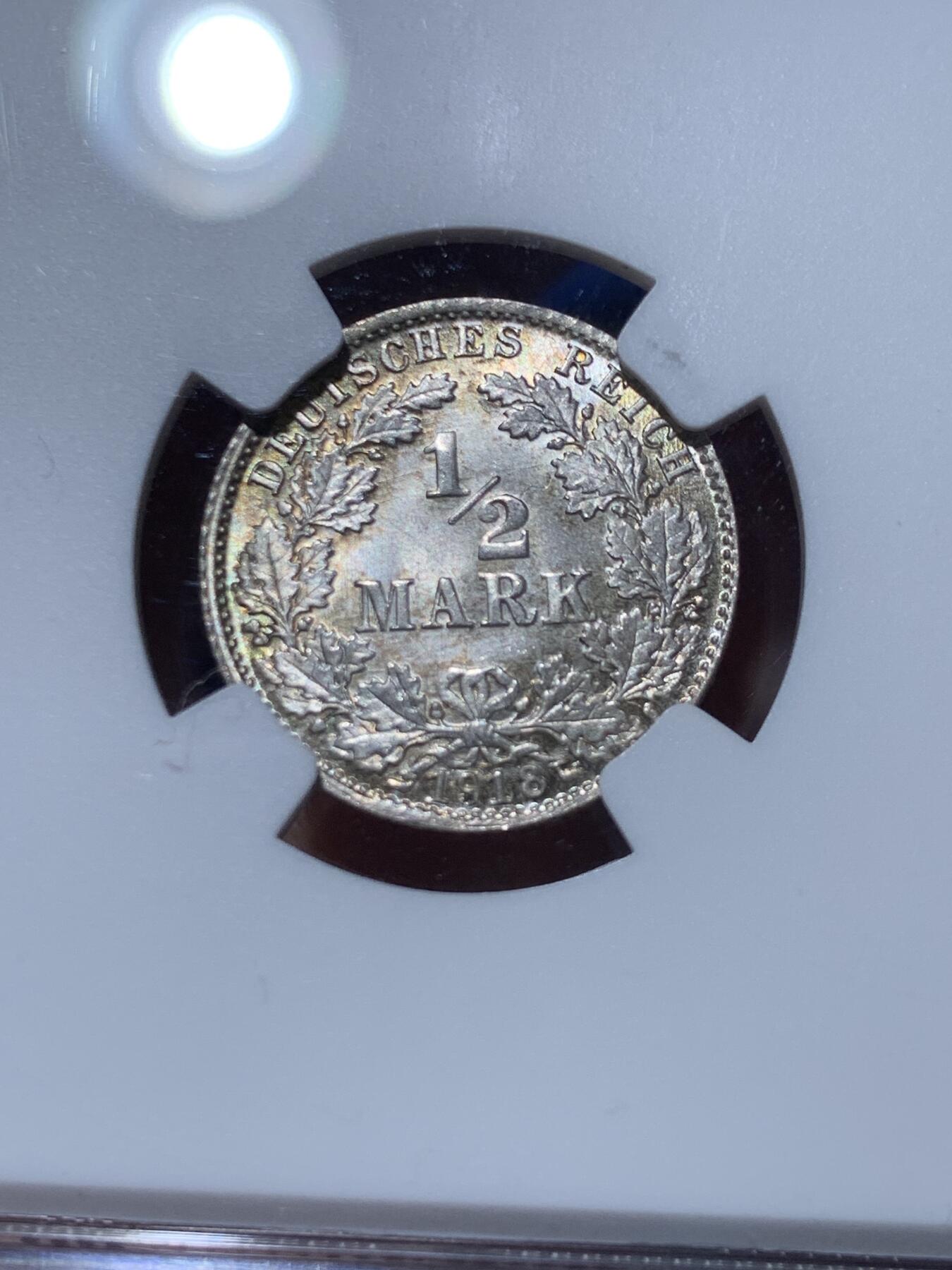 《竞宝斋》第363场 周日，周一，周二  3场连拍 （全场包邮） NGC MS67 德国1918 D版 1/2马克银币