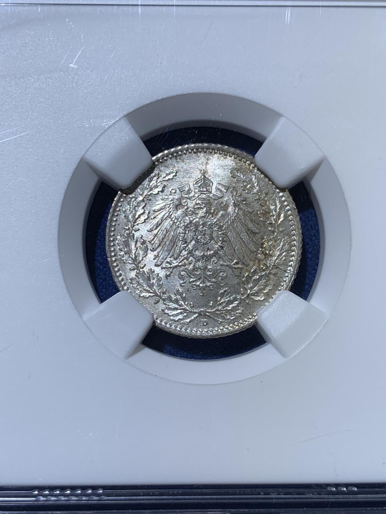《竞宝斋》第363场 周日，周一，周二  3场连拍 （全场包邮） NGC MS67 德国1918 D版 1/2马克银币
