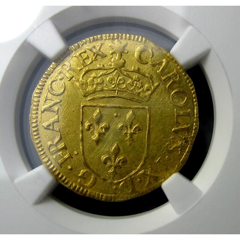 NGC-MS61法国金币，少见法国查理IX世金埃居，24mm3.34g,NGC评级