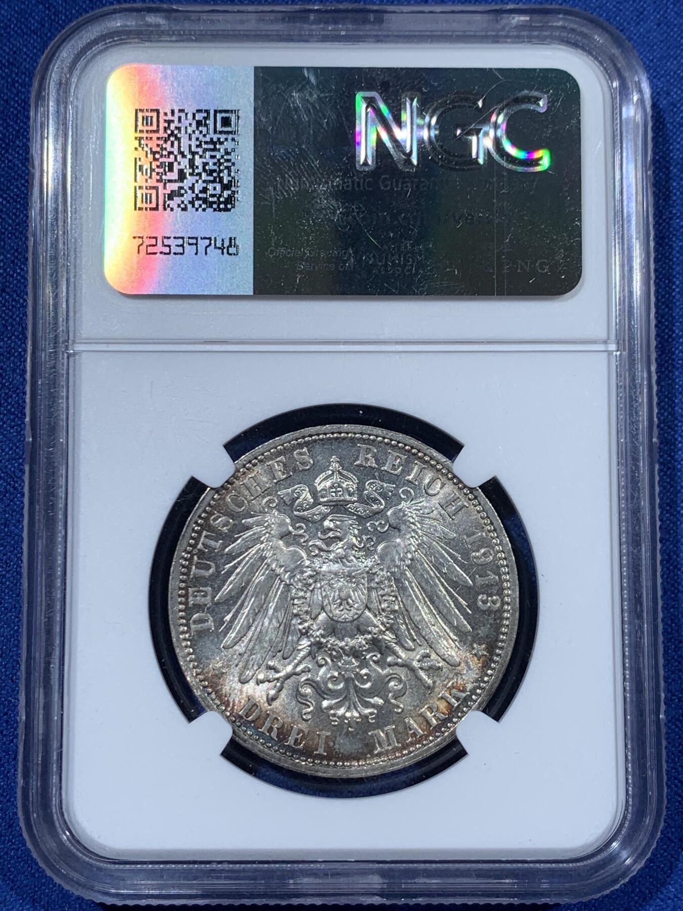 《竞宝斋》第363场 周日，周一，周二  3场连拍 （全场包邮） NGC MS62 德国1913年E版莱比锡战争百年纪念碑3马克银币 转光老欧洲环五彩