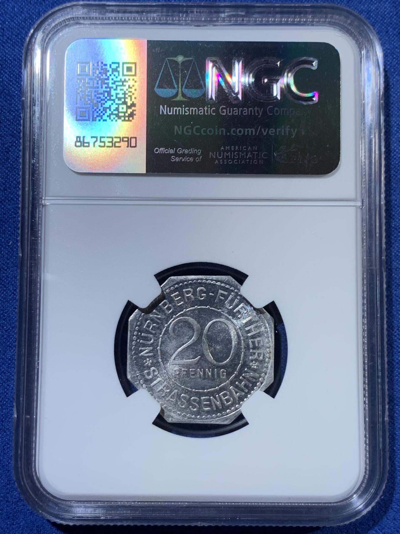 《竞宝斋》第363场 周日，周一，周二  3场连拍 （全场包邮） NGC MS64 德国1920年紧急状态时期纽伦堡20芬尼 景观系列