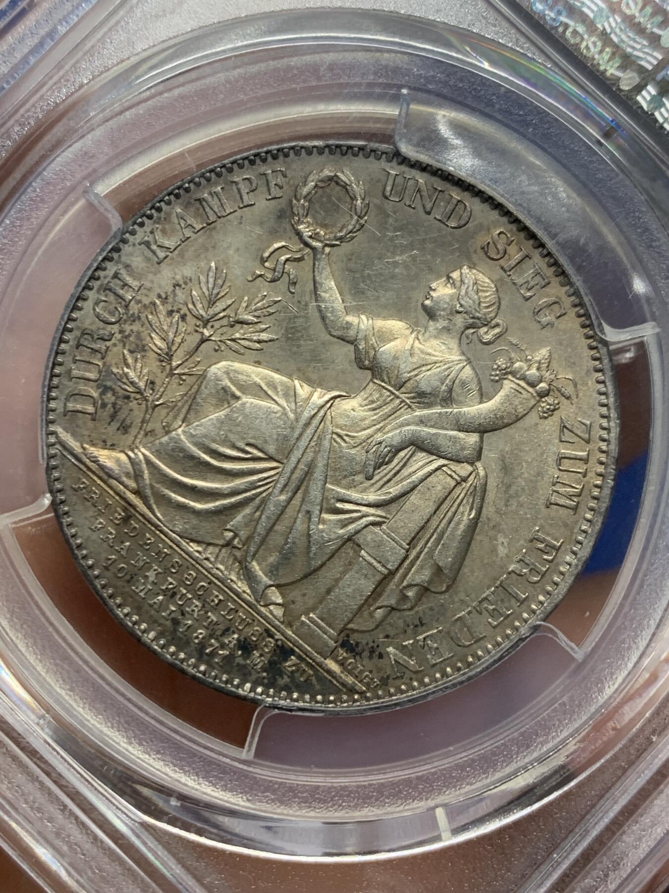 《竞宝斋》第363场 周日，周一，周二  3场连拍 （全场包邮） PCGS MS61 德国巴伐利亚1871年普法战争胜利1泰勒银币，包浆自然，细节状态不错。