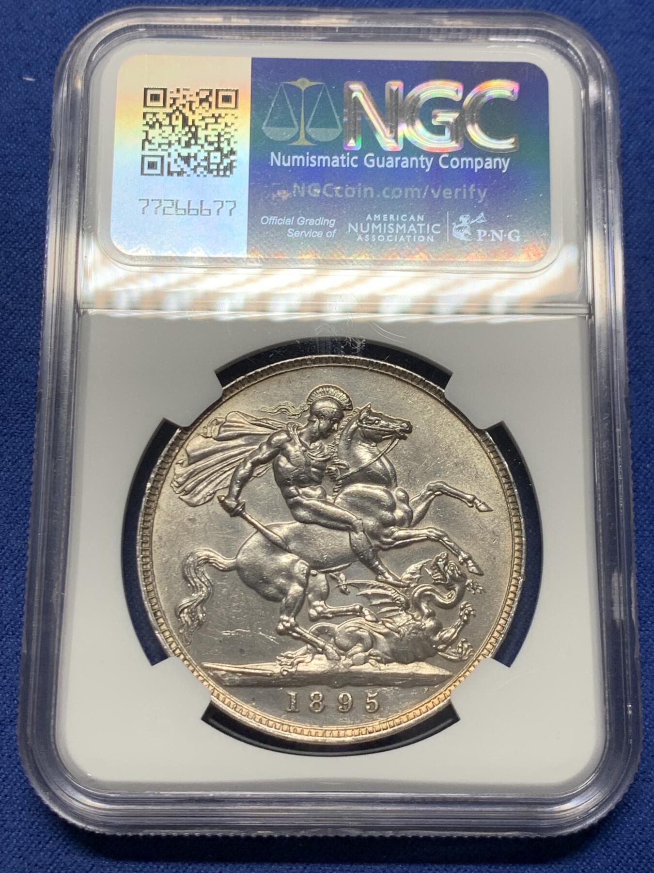 《竞宝斋》第363场 周日，周一，周二  3场连拍 （全场包邮） NGC UNCD 英国1895年维多利亚披纱1克朗马剑银币 原光少见