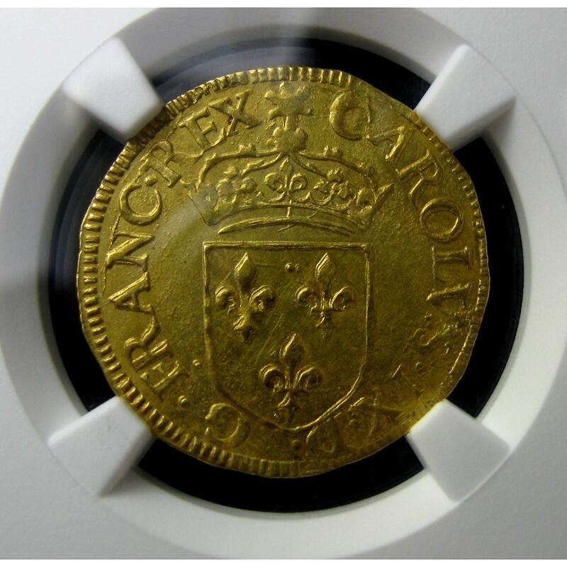 NGC-MS61法国金币，少见法国查理IX世金埃居，24mm3.34g,NGC评级