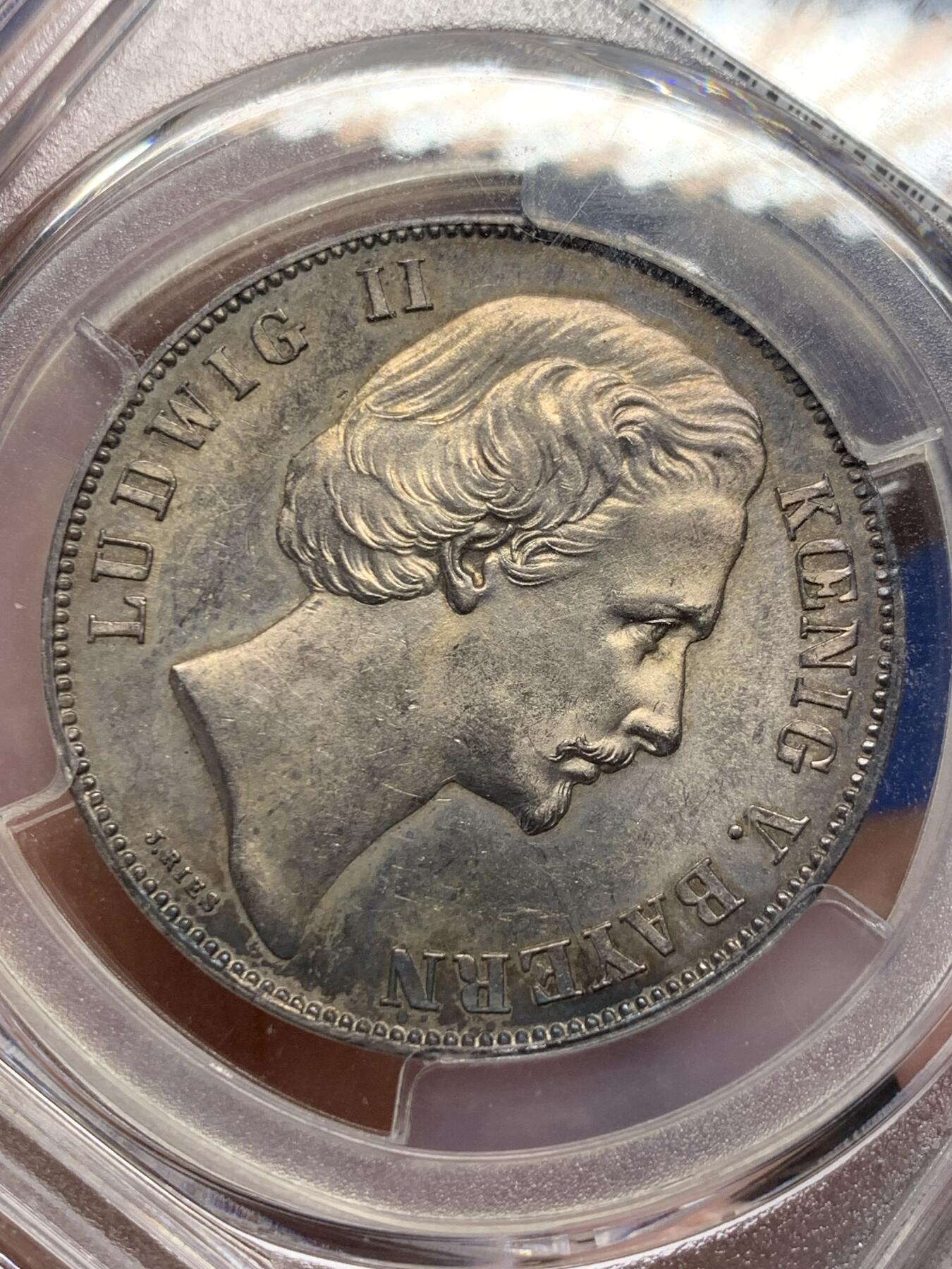 《竞宝斋》第363场 周日，周一，周二  3场连拍 （全场包邮） PCGS MS61 德国巴伐利亚1871年普法战争胜利1泰勒银币，包浆自然，细节状态不错。