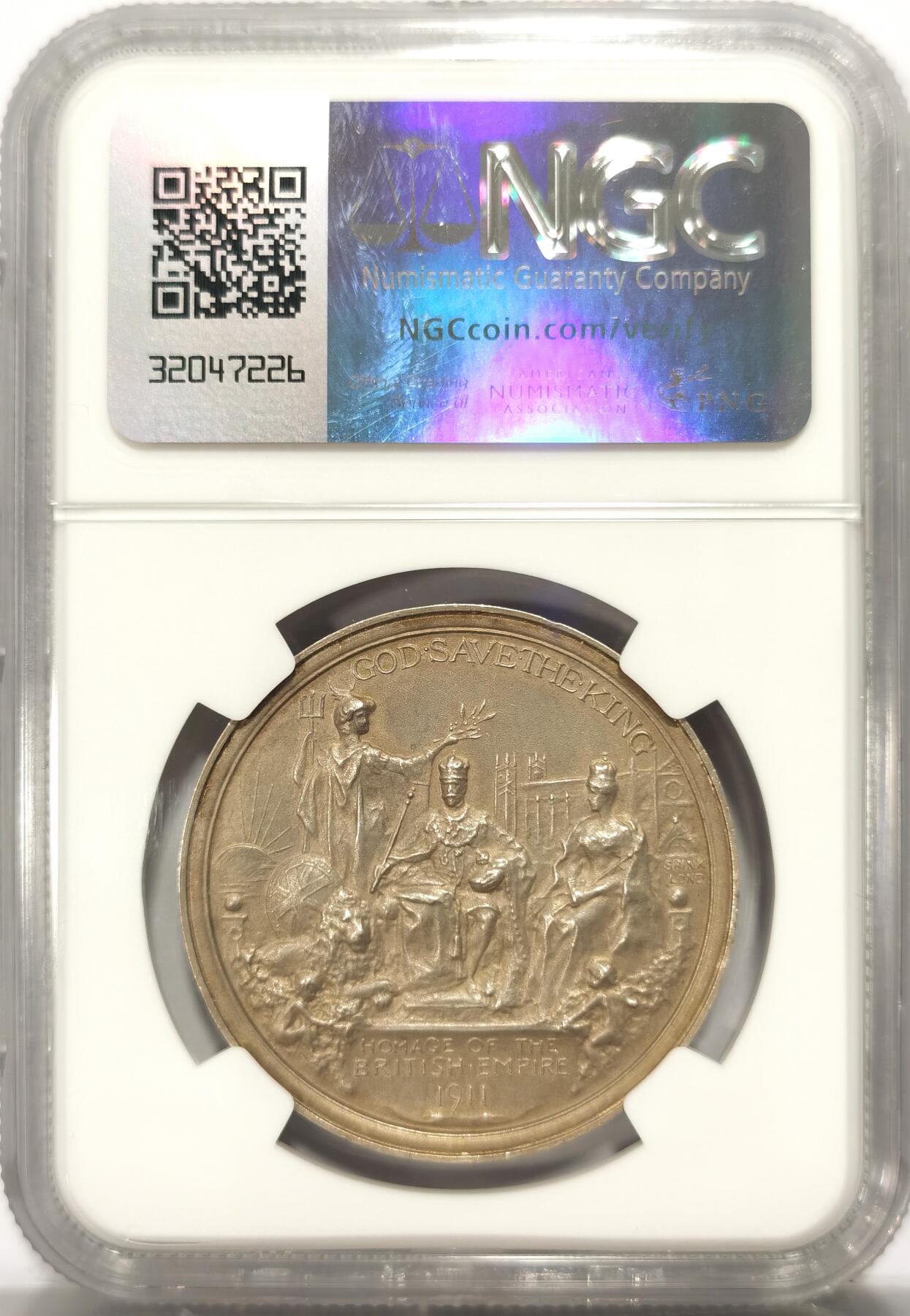 博洋堂世界钱币拍卖第115期（全场包邮） 英国1911年乔治五世加冕纪念银章，NGC-MS63，高浮雕磨砂工艺，少见品种。