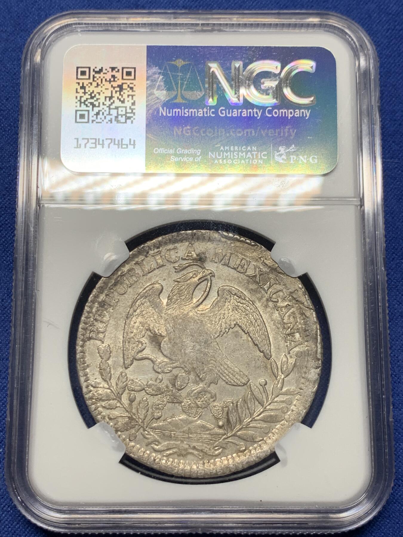 《竞宝斋》第363场 周日，周一，周二  3场连拍 （全场包邮） NGC AU58 墨西哥1839年8R鹰洋 早期鹰洋ZS厂出分不易