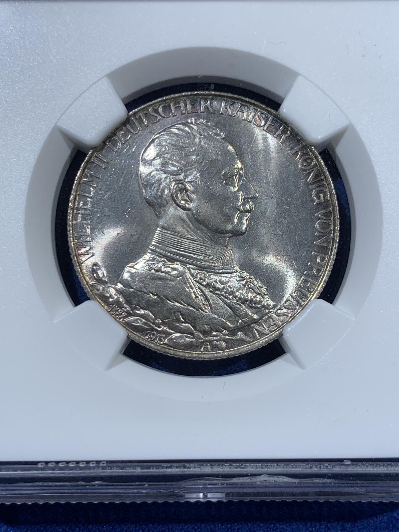 《竞宝斋》第363场 周日，周一，周二  3场连拍 （全场包邮） NGC MS64 德国 1913年 威廉二世戎装2马克银币