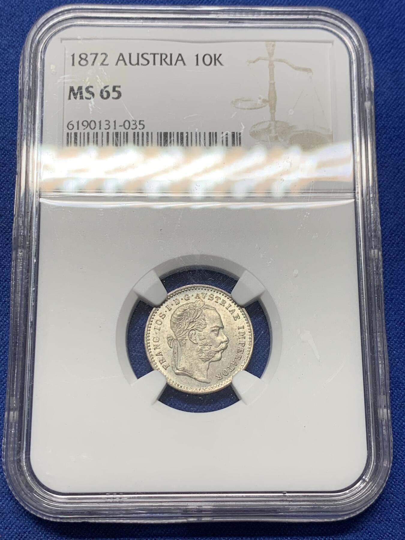 《竞宝斋》第363场 周日，周一，周二  3场连拍 （全场包邮） NGC MS65 奥匈帝国1872年约瑟夫·弗朗茨一世10克鲁泽银币 不错的分数