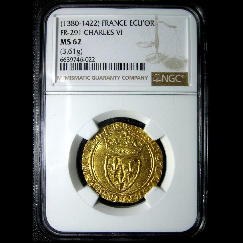 NGC-MS62英法百年战争-法国查理六世金埃居金币,1380-1422年28mm,3.61g,中世纪金币