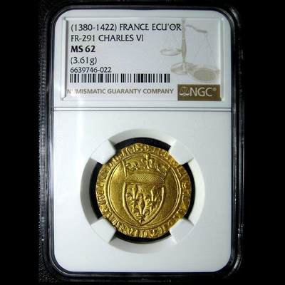 NGC-MS62英法百年战争-法国查理六世金埃居金币,1380-1422年28mm,3.61g,中世纪金币 NGC-MS62英法百年战争-法国查理六世金埃居金币,1380-1422年28mm,3.61g,中世纪金币