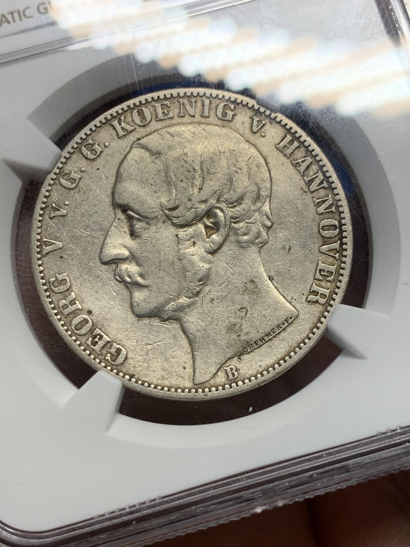 《竞宝斋》第363场 周日，周一，周二  3场连拍 （全场包邮） NGC XFD 德国1860B汉诺威王国1泰勒银币 少见年份