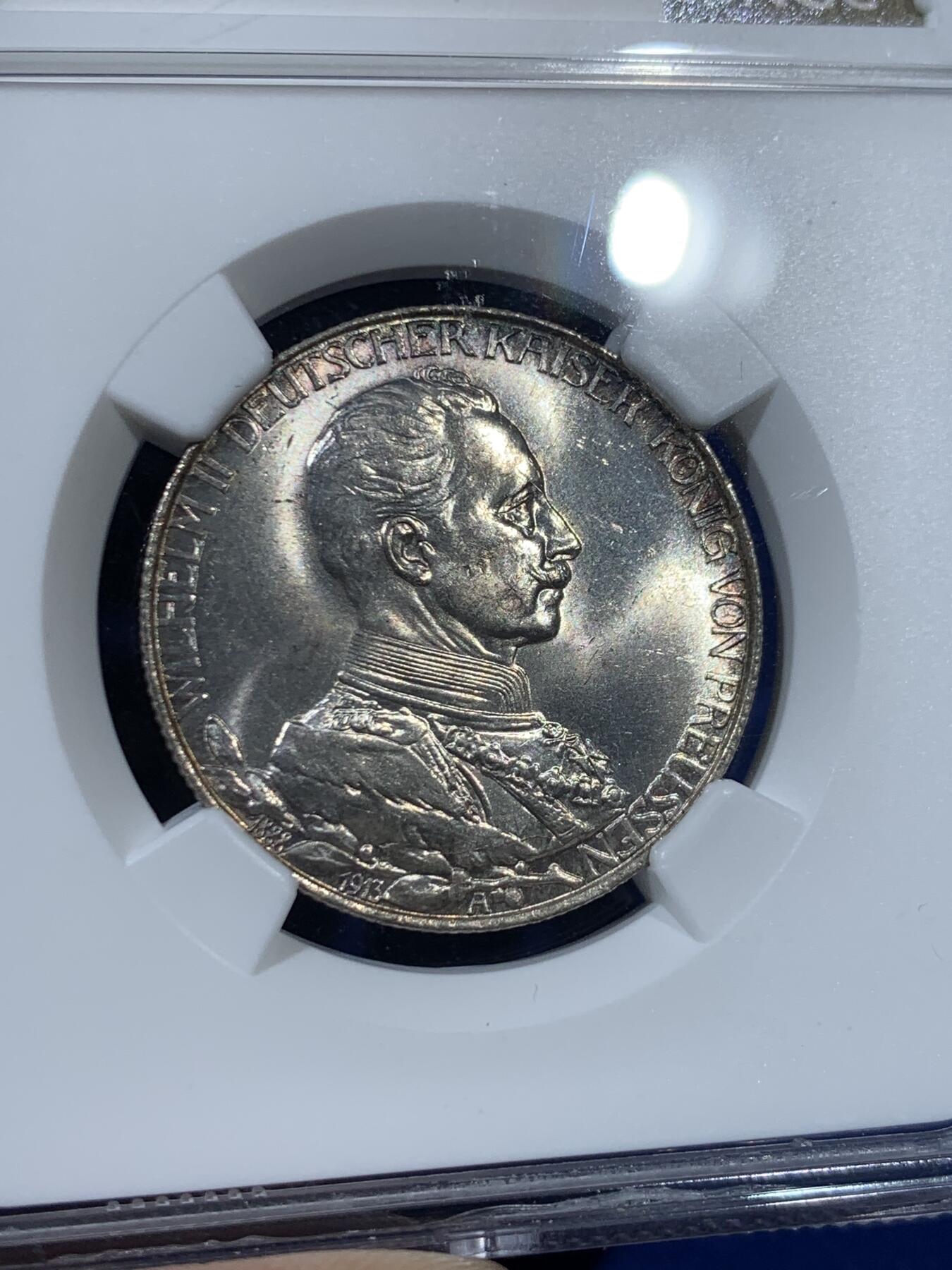 《竞宝斋》第363场 周日，周一，周二  3场连拍 （全场包邮） NGC MS64 德国 1913年 威廉二世戎装2马克银币