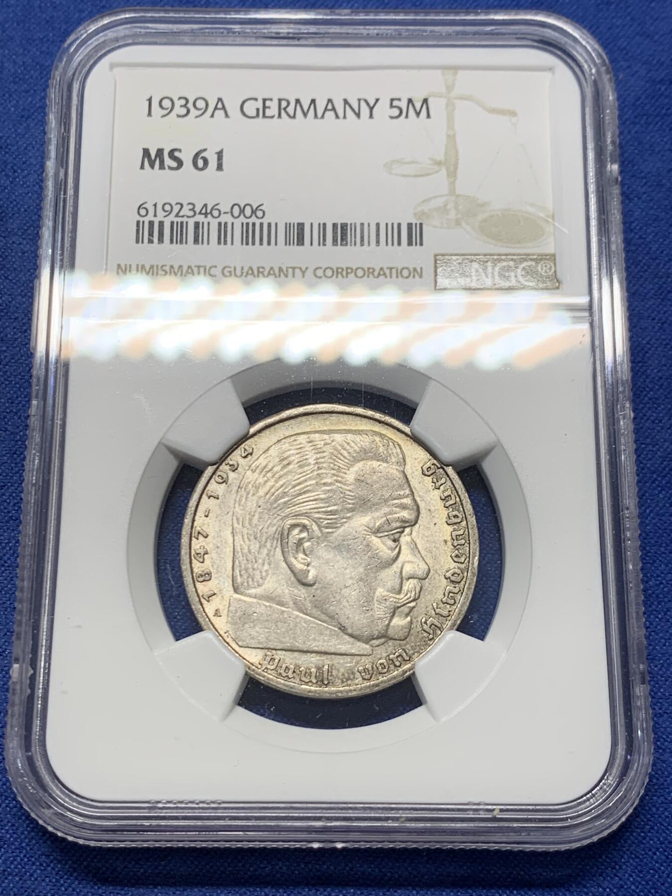 《竞宝斋》第363场 周日，周一，周二  3场连拍 （全场包邮） NGC MS61 德国1939年A版兴登堡5马克银币