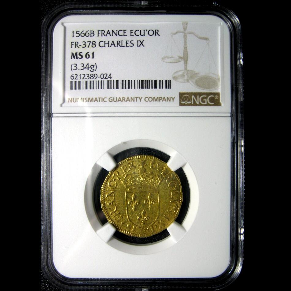 NGC-MS61法国金币，少见法国查理IX世金埃居，24mm3.34g,NGC评级
