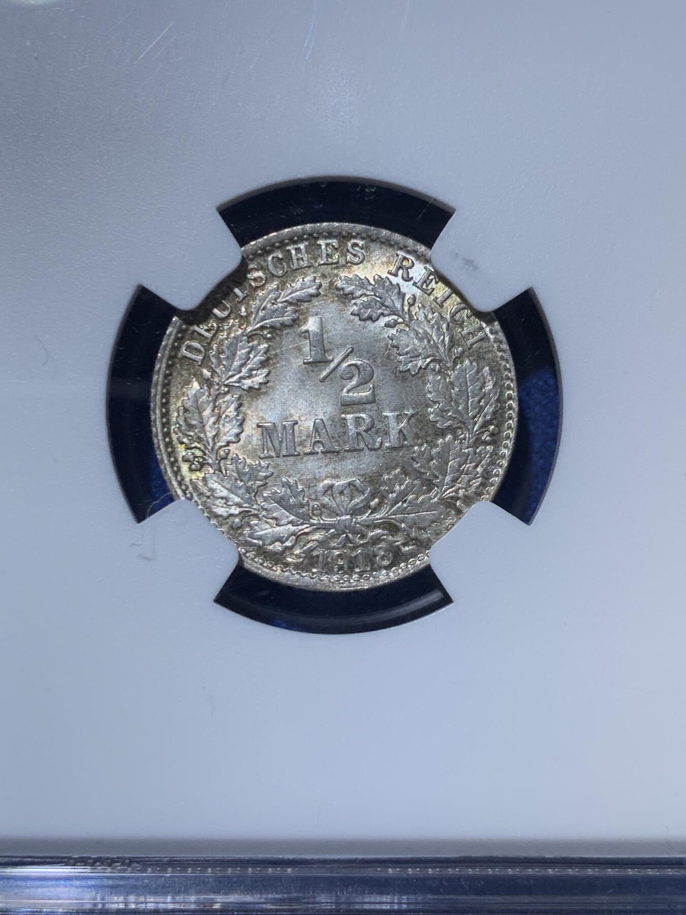 《竞宝斋》第363场 周日，周一，周二  3场连拍 （全场包邮） NGC MS67 德国1918 D版 1/2马克银币
